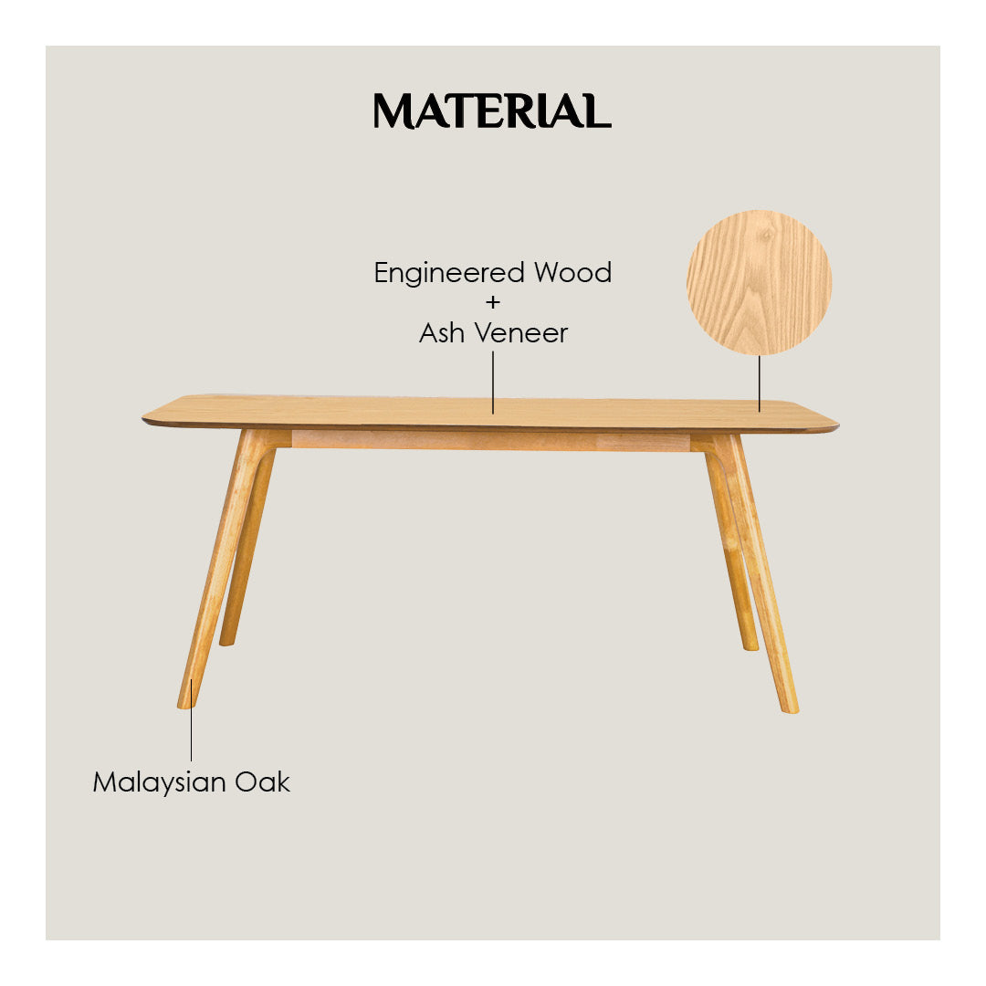A material information graphic for a wooden dining table on a light beige background. The table is shown in profile with text labels pointing to the top as 'Engineered Wood + Ash Veneer' and to the leg as 'Malaysian Oak'.
