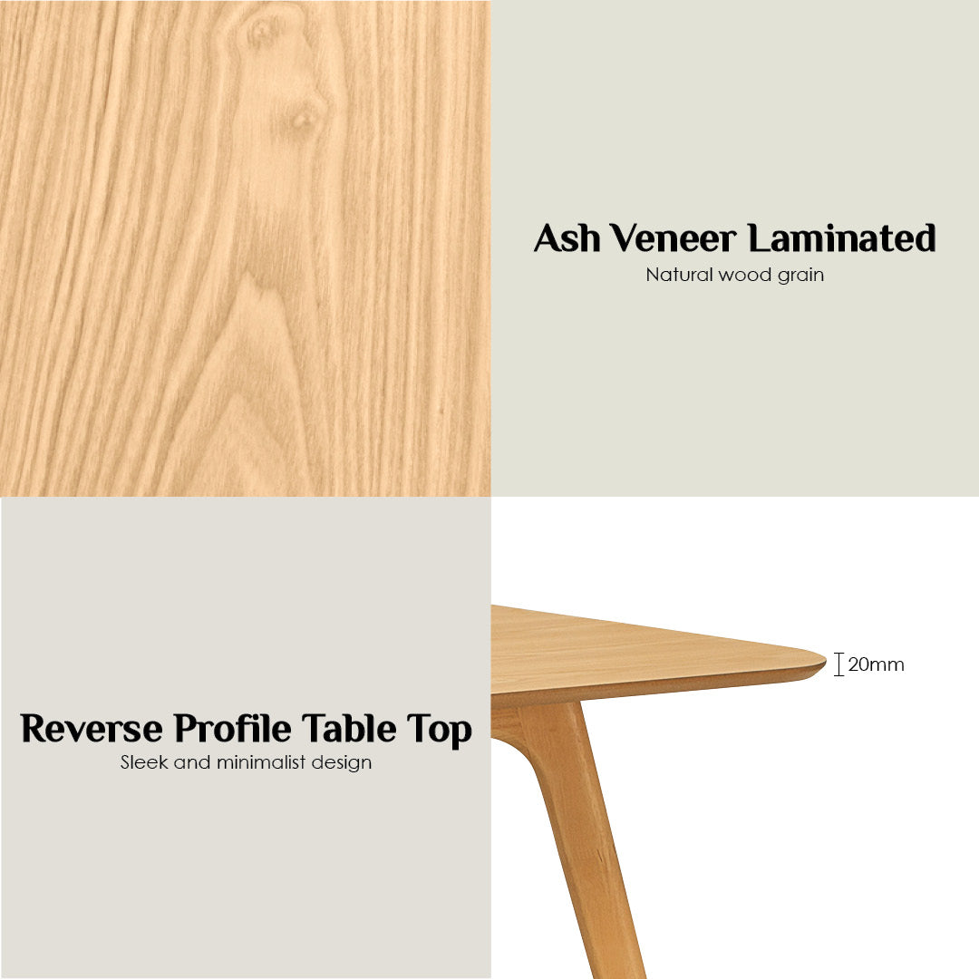 A product information graphic showing a light ash veneer table top finish, with a wood grain close-up, text reading 'Ash Veneer Laminated' and 'Natural wood grain,' plus a partial view of a table corner labeled 'Reverse Profile Table Top' and 'Sleek and minimalist design.'.