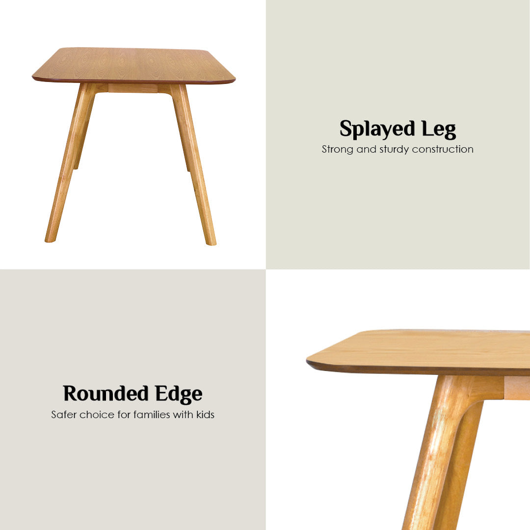A four-panel product information graphic for a light natural wood table. The top-left panel shows the full table with splayed legs on a white background.