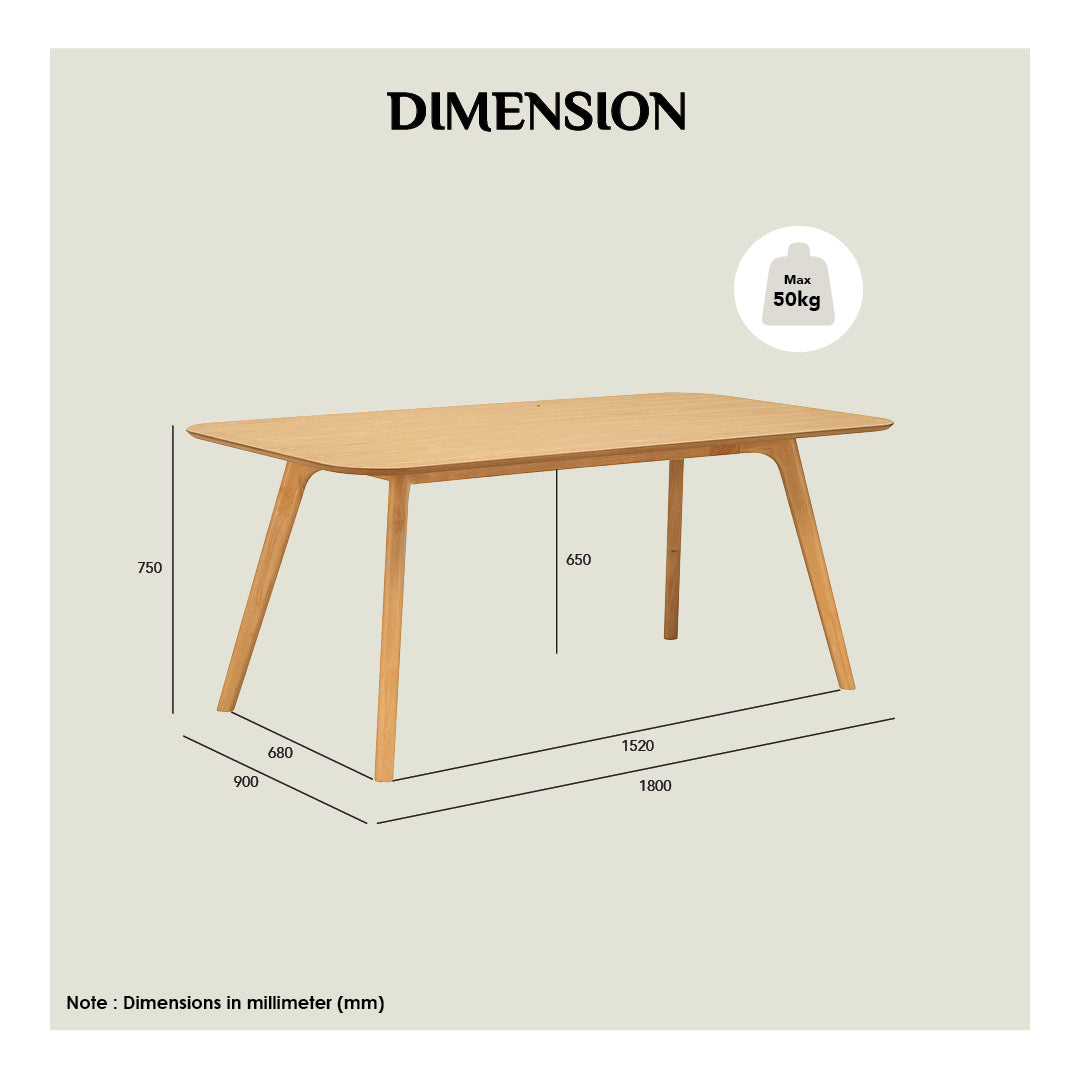 A dimension diagram of a light natural wood dining table on a beige background, showing measurements in millimeters with labels for width, height, and depth, plus a circular 'Max 50kg' mark.