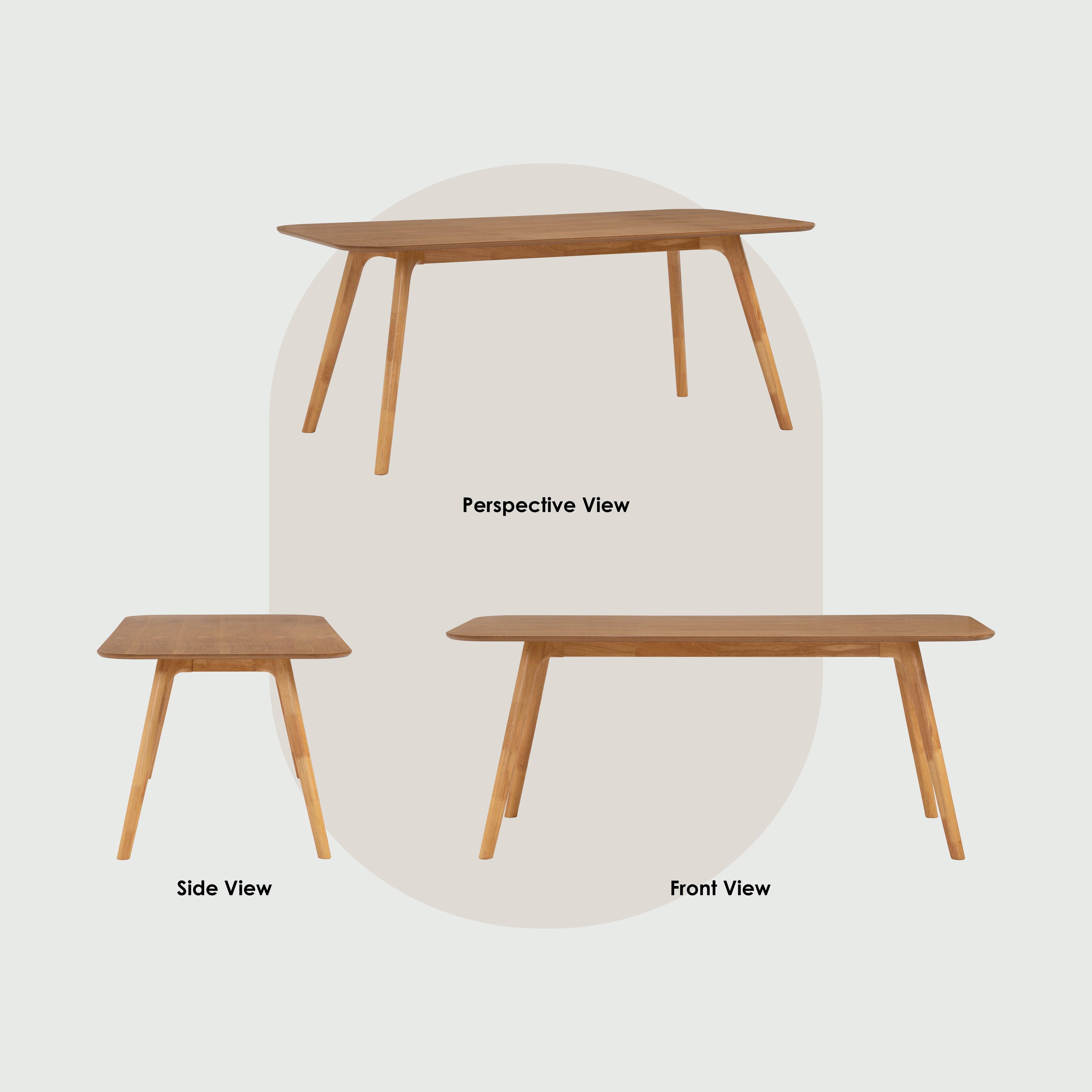 A wooden table shown from three angles labeled Perspective View, Side View, and Front View on a light gray background.