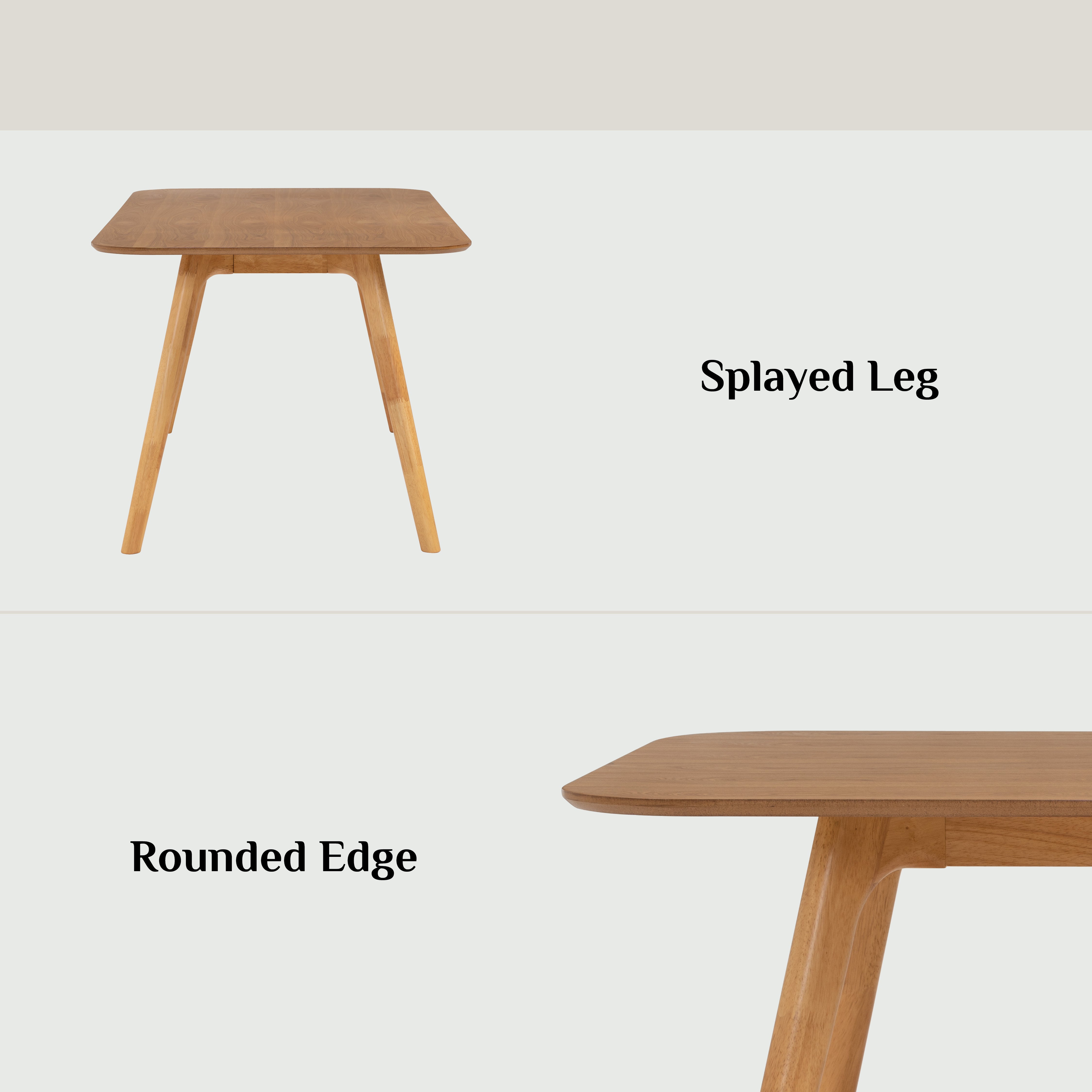 A wooden table shown in a split infographic layout, highlighting two design features: 'Splayed Leg' on the top half and 'Rounded Edge' on the bottom half. The table has a warm medium-brown wood finish and is shown against a light gray background.
