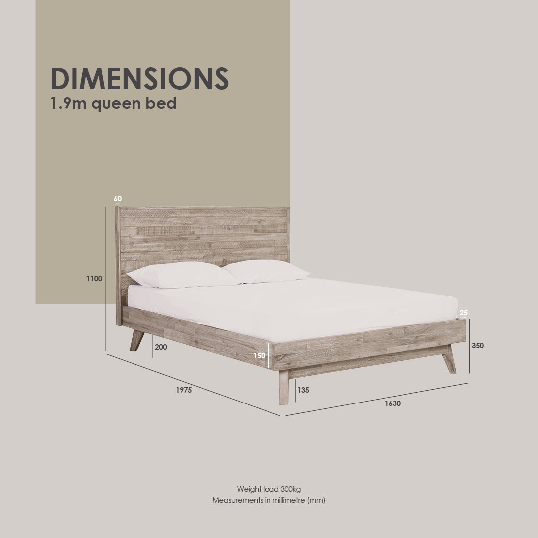 A dimension diagram of a wooden queen bed frame with white bedding, showing measurements in millimeters on a light gray background with a beige panel labeled 'DIMENSIONS 1.9m queen bed'.