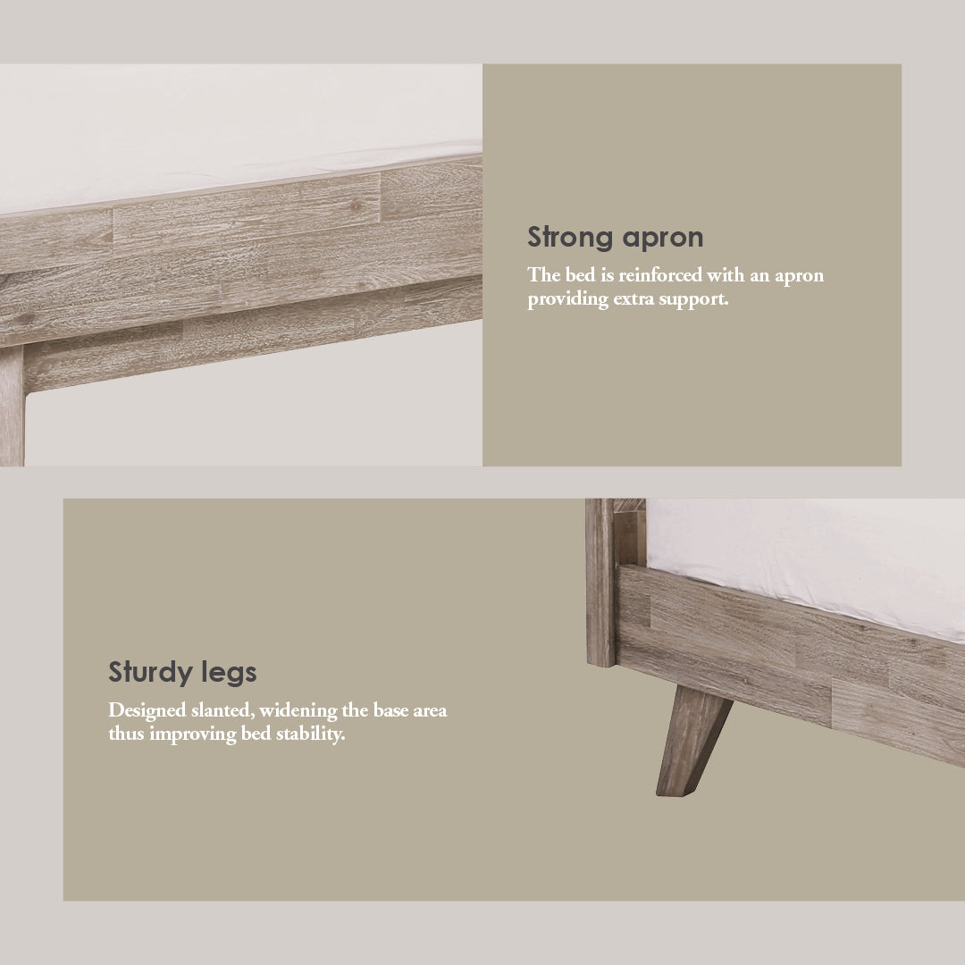 A styled product infographic showing close-up views of a wooden bed frame with text callouts reading 'Strong apron' and 'Sturdy legs' on a warm beige background.