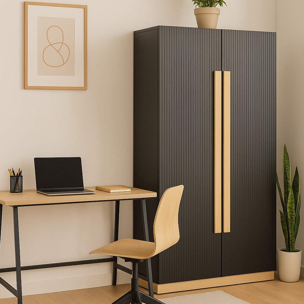 Modern home office with a black wardrobe, desk, chair, and plants.