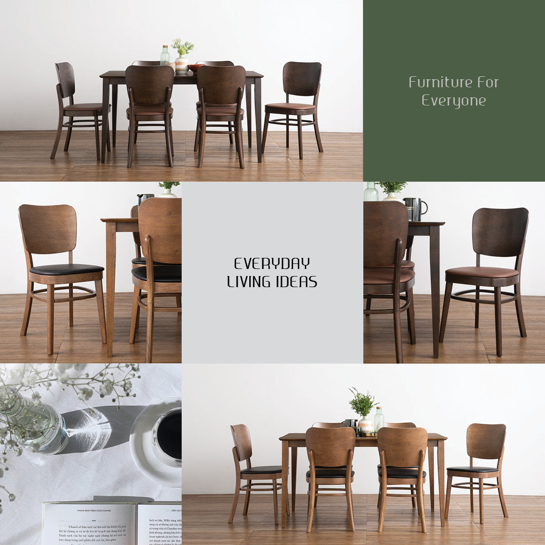 A six-panel collage showcasing a mid-century modern dining set, including a dark wood dining table and six matching chairs in various settings. The panels feature clean interior designs, minimalist decor, and text overlays reading 'Furniture For Everyone' and 'EVERYDAY LIVING IDEAS'.