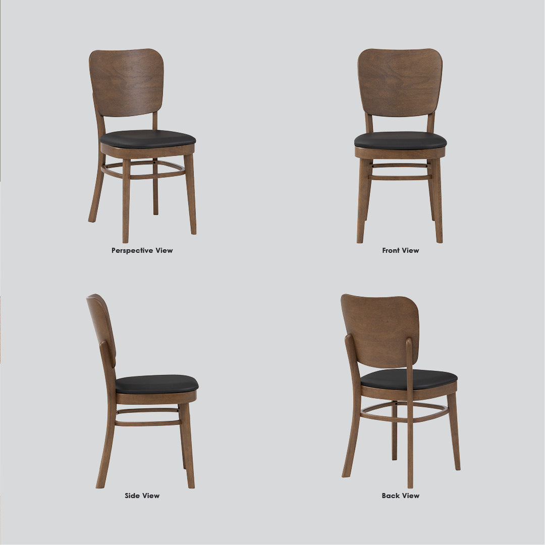Four views of a wooden dining chair with a black upholstered seat on a light gray background, labeled Perspective View, Front View, Side View, and Back View.