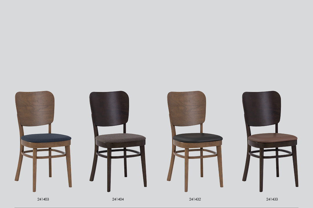 A catalog-style product graphic for the Beverly Dining Chair showing four chair color options side by side, with model numbers and a description table below on a light gray background.