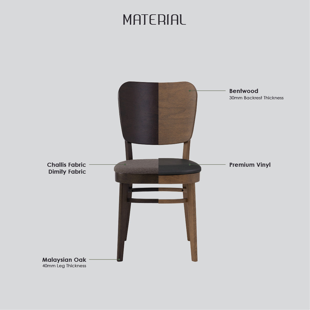 A wooden dining chair shown on a light gray background with text callouts labeling materials: bentwood backrest, chamis fabric and dimly fabric seat, and Malaysian oak legs.