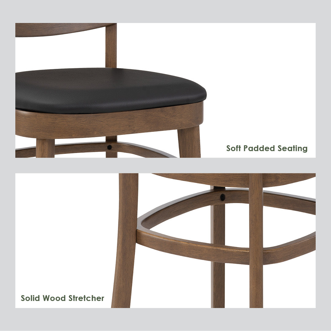 Two close-up product detail shots of a wooden bar stool on a white background, labeled 'Soft Padded Seating' and 'Solid Wood Stretcher.' The top panel shows part of the seat cushion and upper frame; the bottom panel shows the wooden stretcher base and legs.