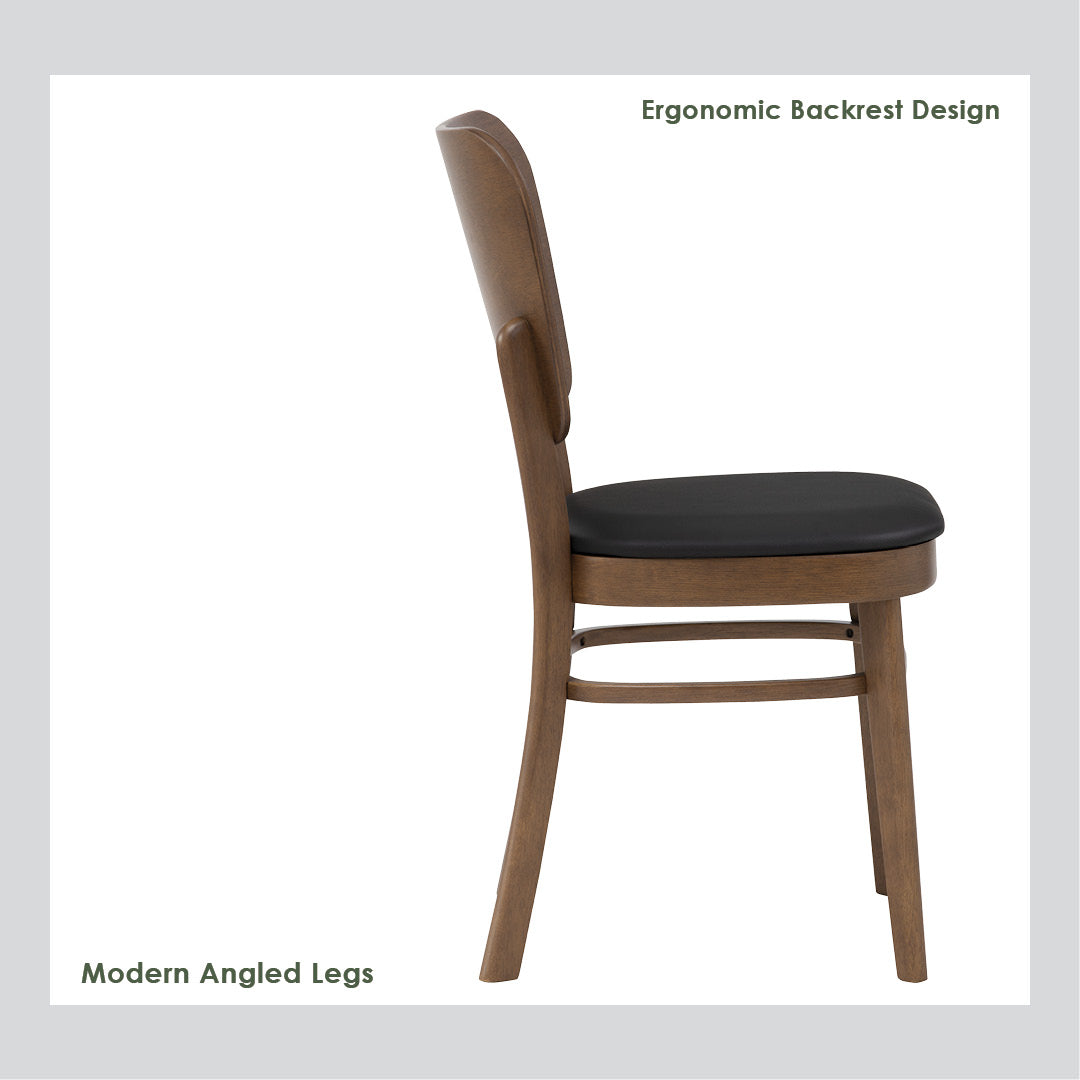A modern wooden dining chair with a black upholstered seat and a tall curved backrest, shown from the side on a white background with text overlays describing its ergonomic features.