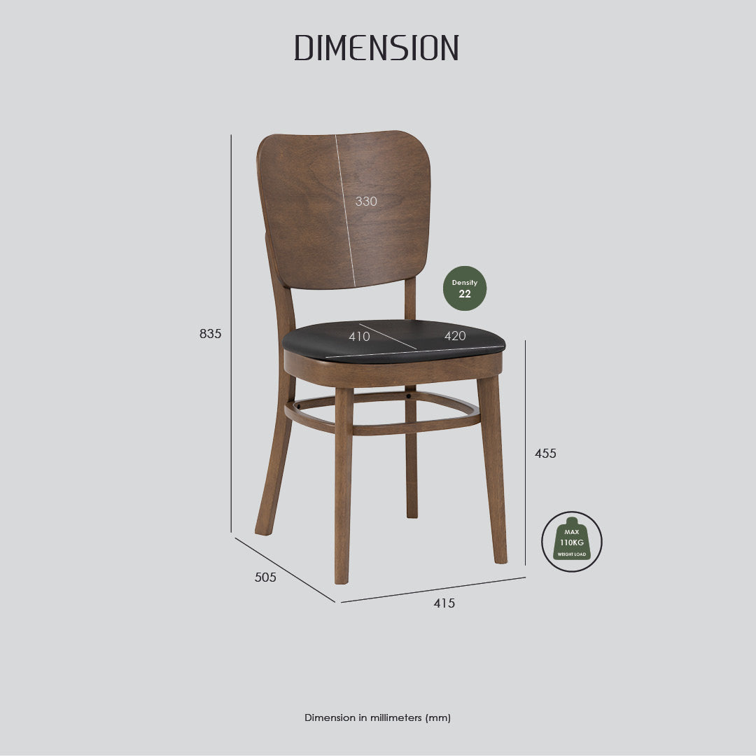 A dimension diagram of a wooden dining chair with a black upholstered seat, showing measurements in millimeters on a light gray background.