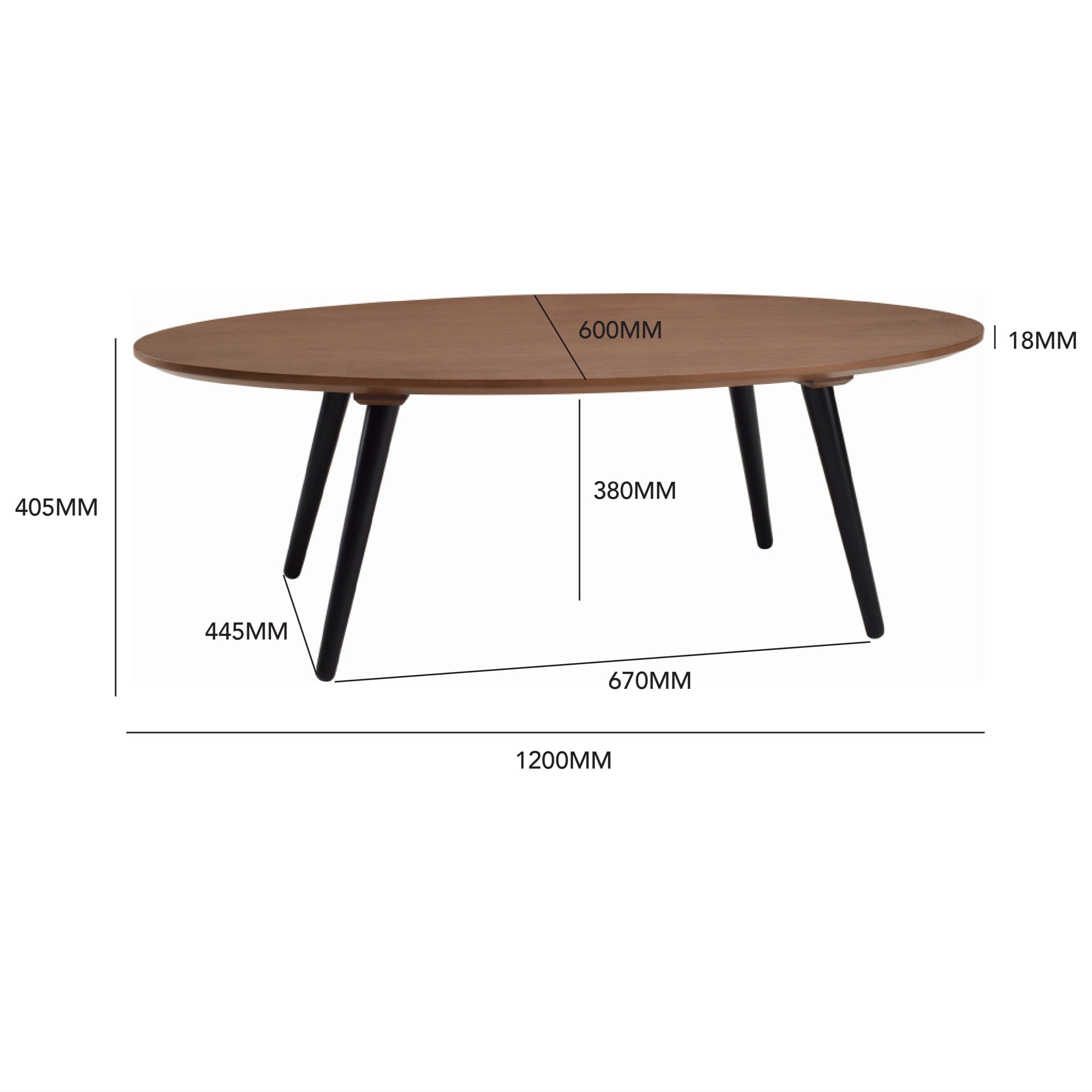 Oval coffee table with dimensions on a white background