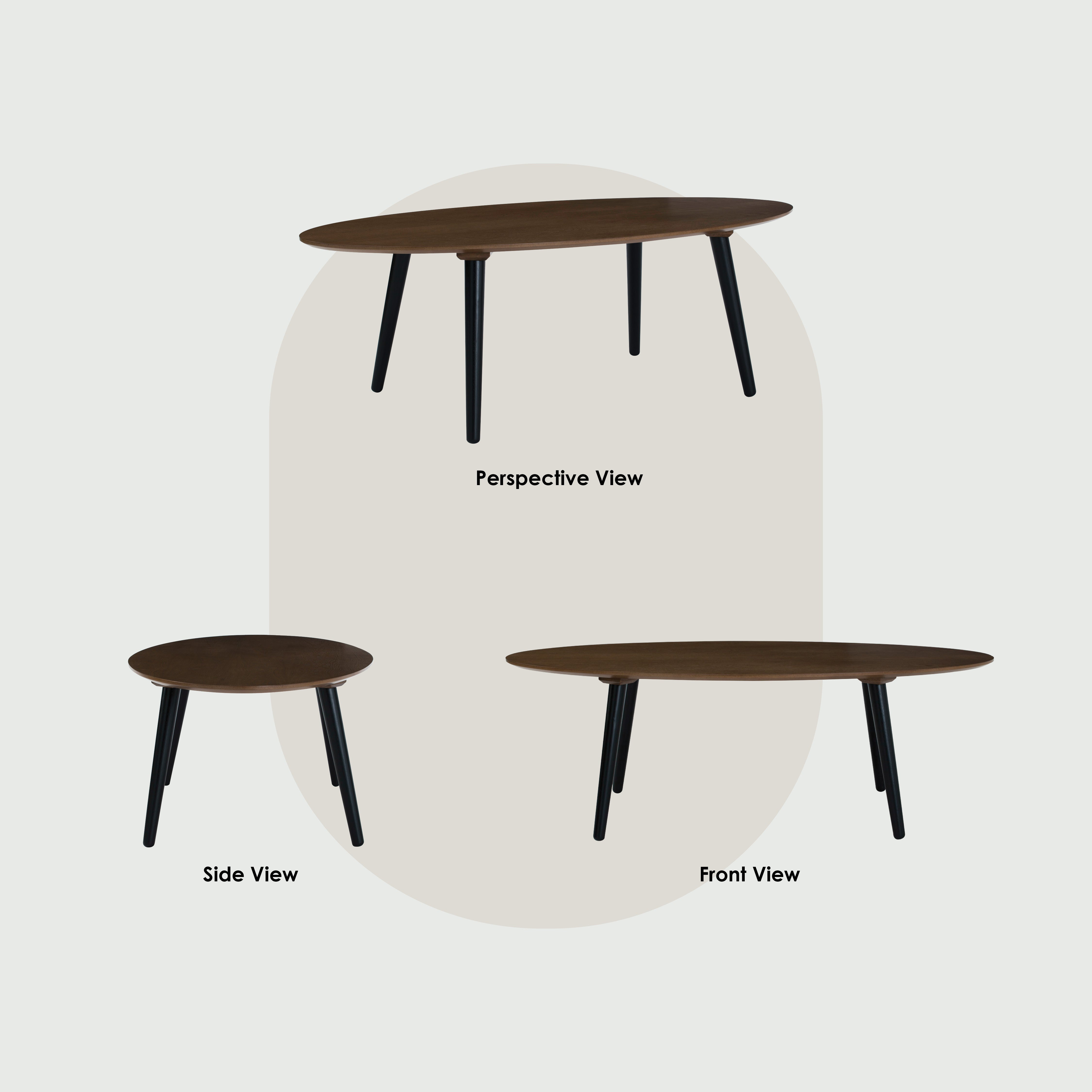 Three views of a wooden table with black legs on a white background