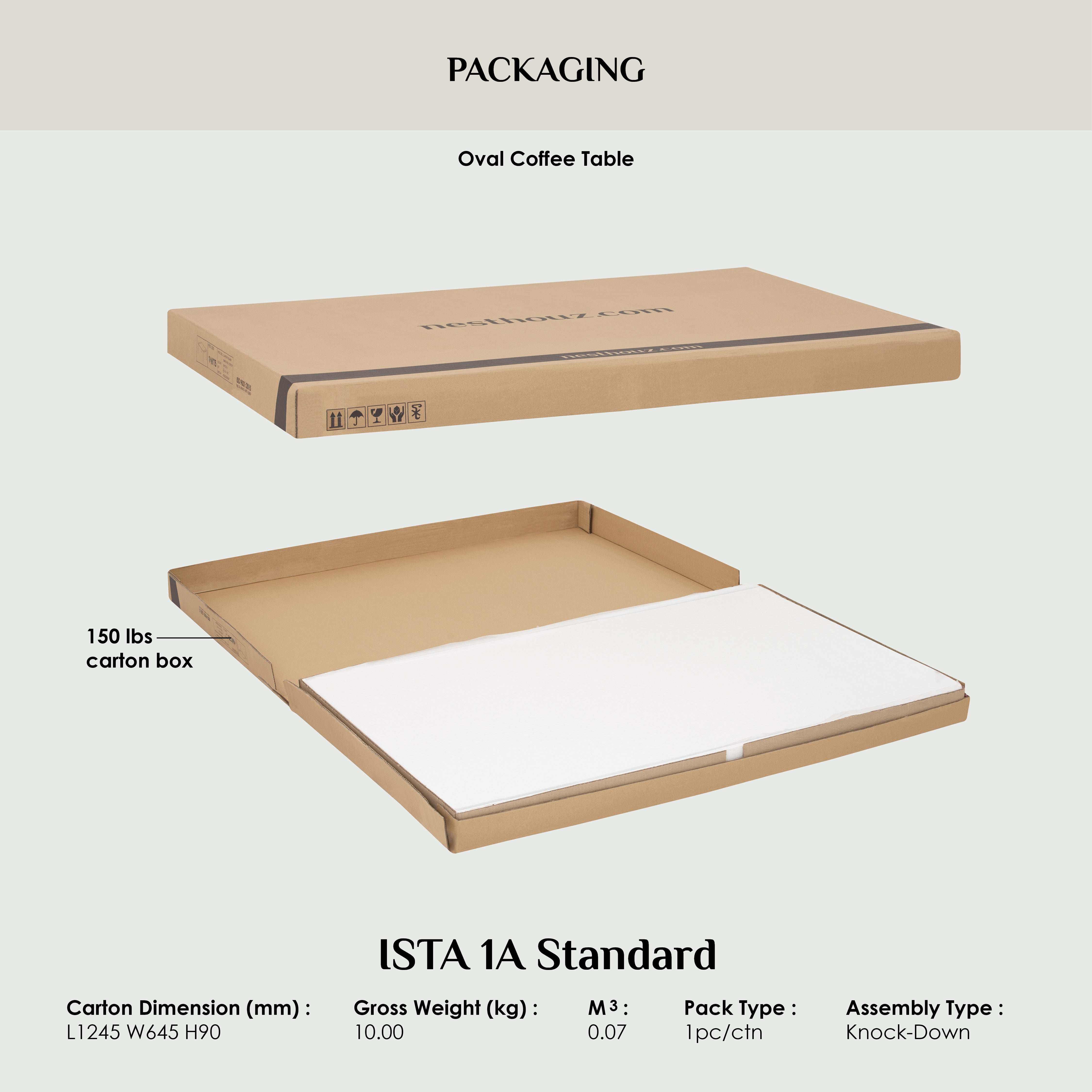 Cardboard packaging box for an Oval Coffee Table with dimensions and weight details.