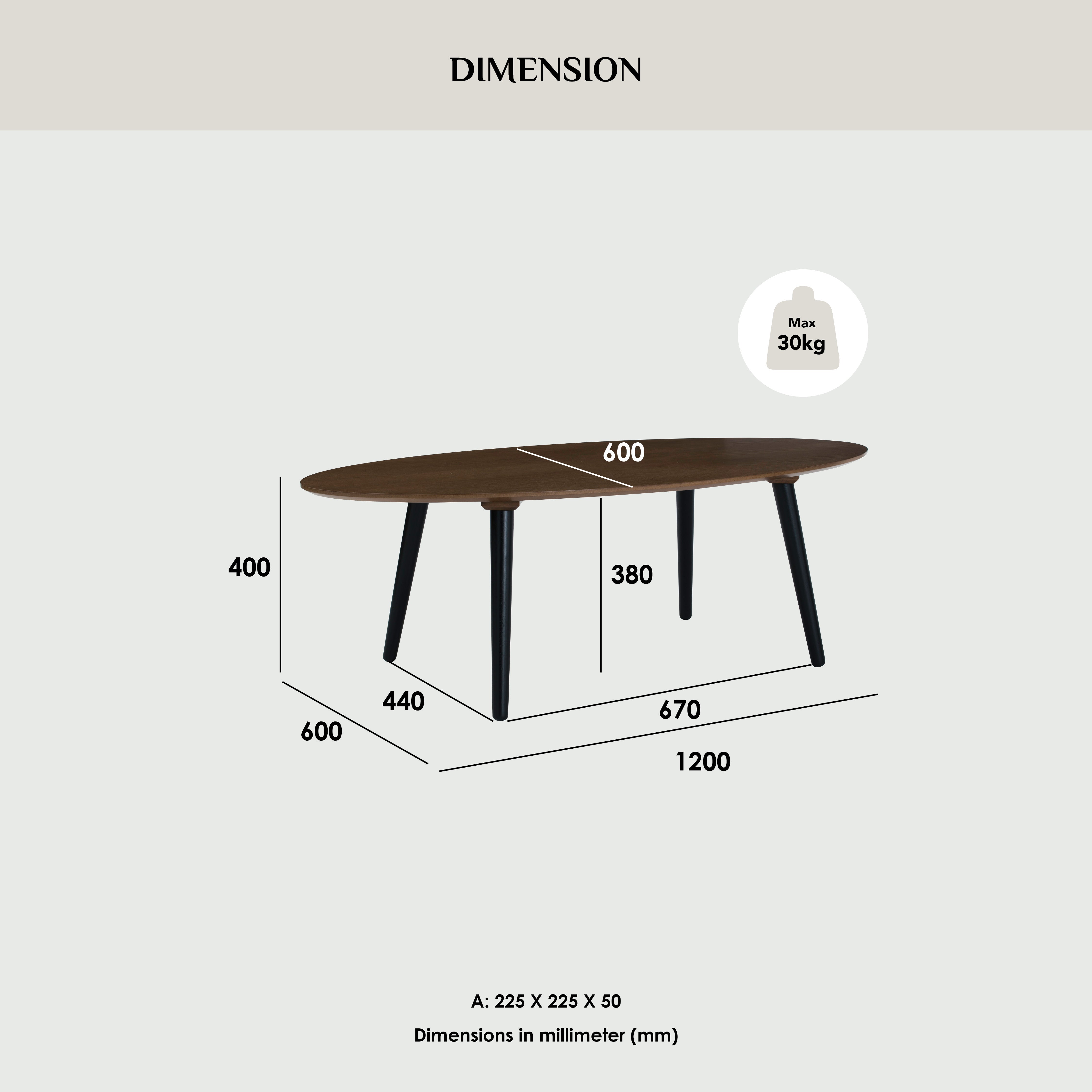 Measurement chart of a table with dimensions on a light gray background