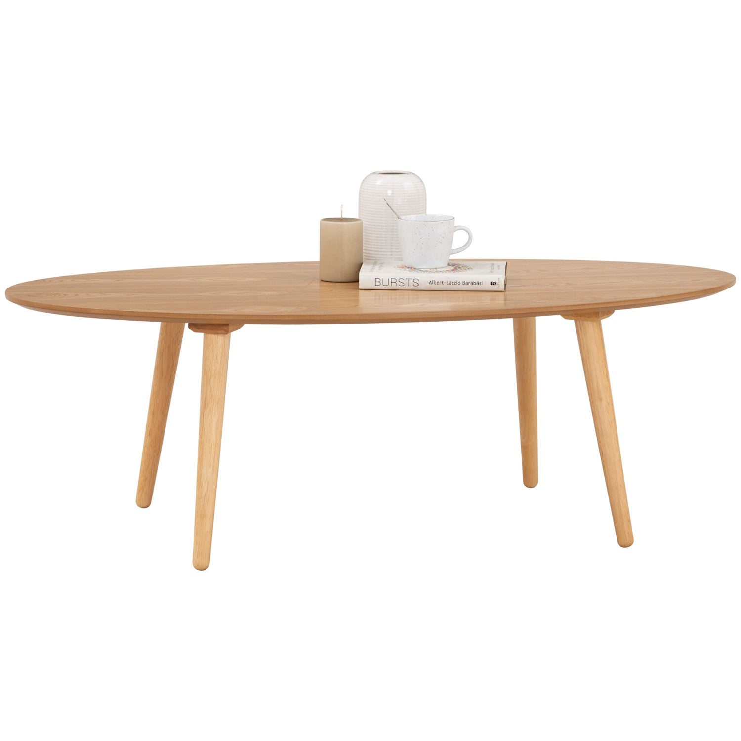 Wooden coffee table with decorative items on a white background