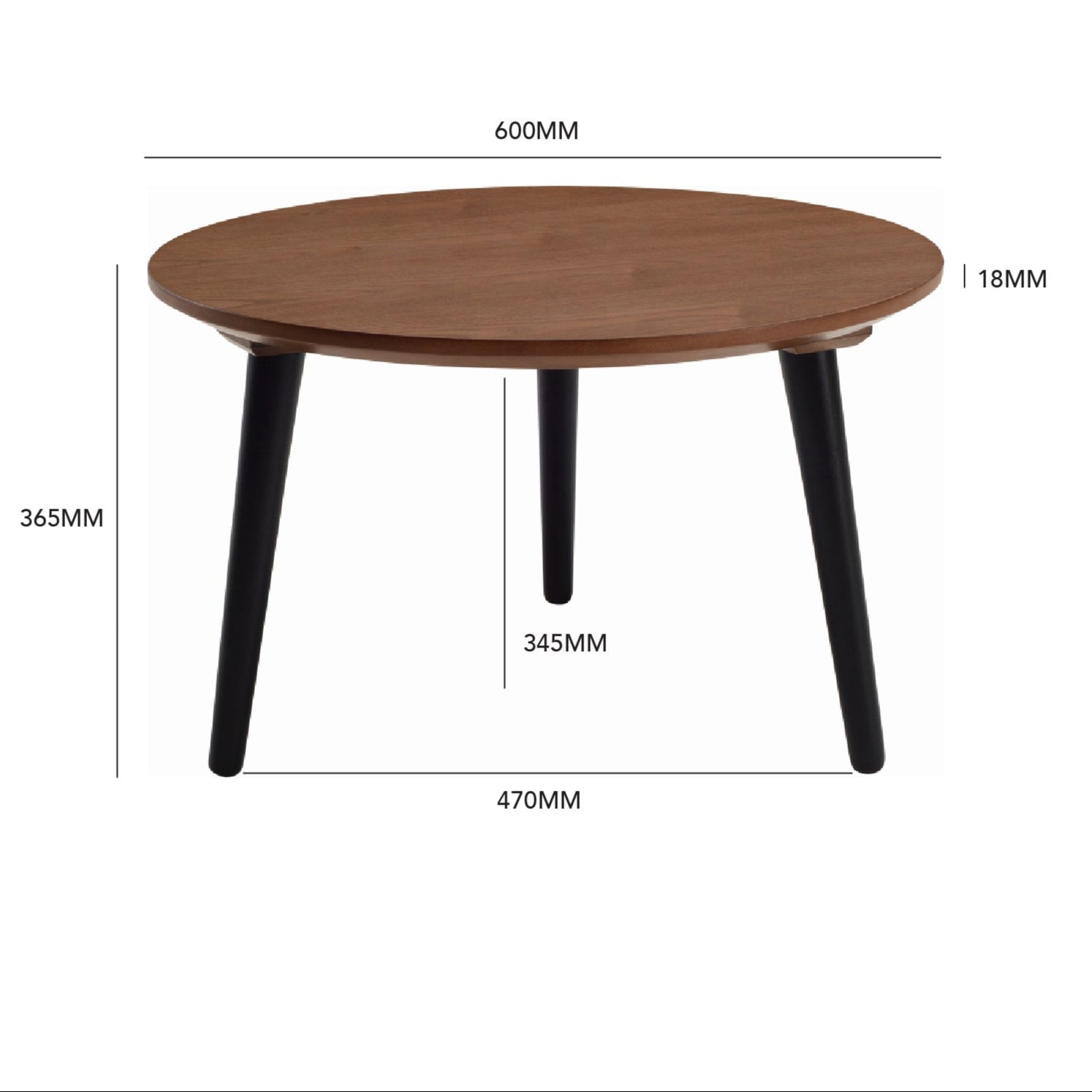 Round coffee table with dimensions labeled on a white background