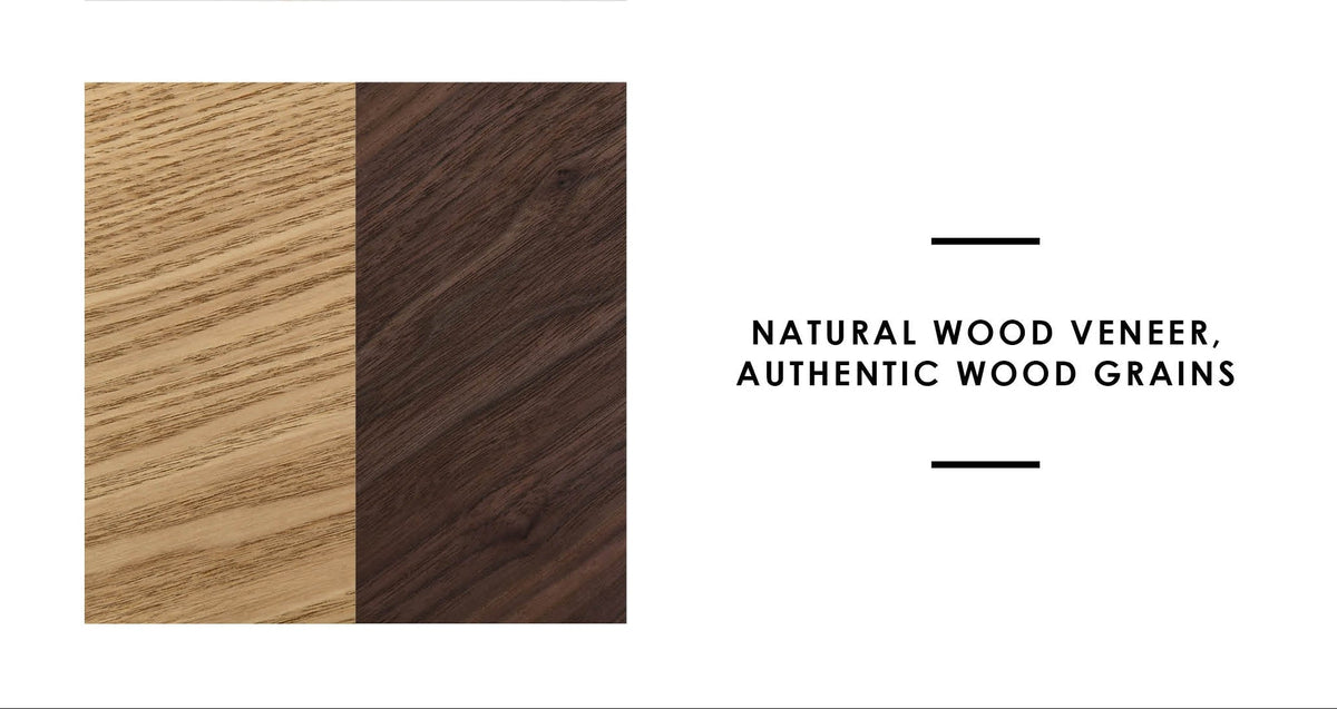 A promotional graphic for top and leg materials for natural wood veneer sample split into light and dark grain sections. 