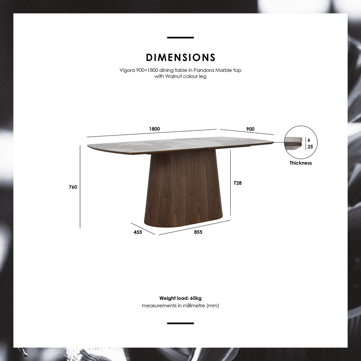 A dimension diagram of a dining table on a white background, showing measurements for length, width, height, and base width, along with a small thickness inset and weight information.