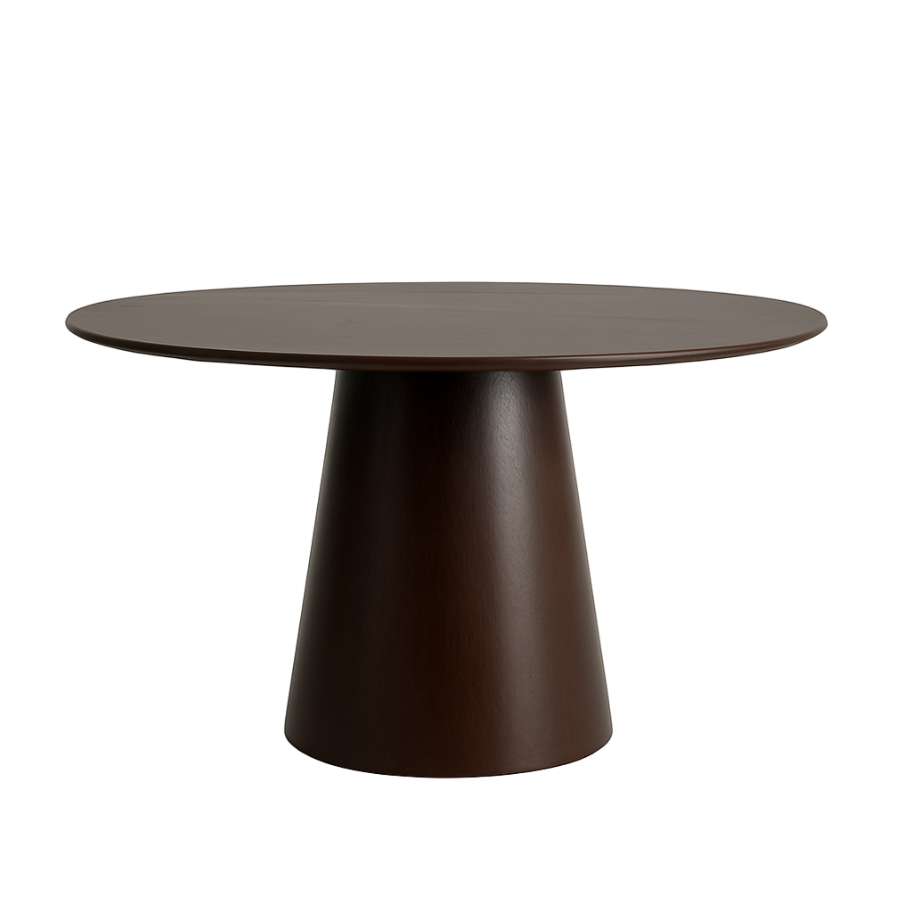 Round dark brown table with a cylindrical base on a light gray background
