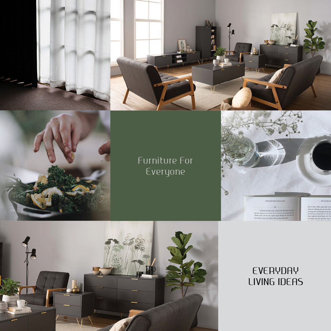 A six-panel collage showcasing modern living room furniture, featuring dark gray and black armchairs, matching side tables, and a low coffee table with light wood frames. The panels are arranged in a grid with text overlays including 'Furniture For Everyone' and 'EVERYDAY LIVING IDEAS', alongside lifestyle elements like plants, curtains, and a close-up of broccoli.