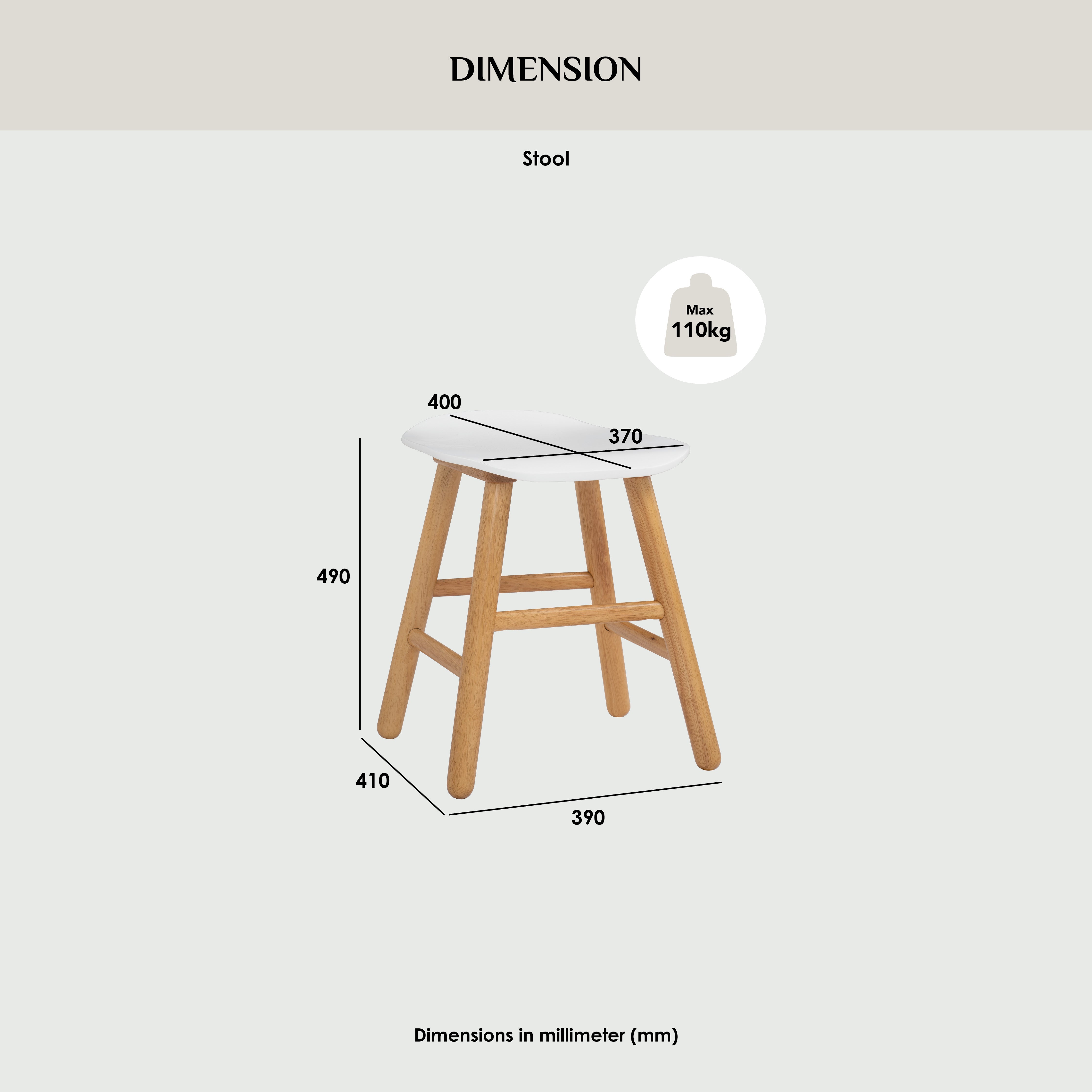 Measurement chart of a stool with dimensions in millimeters on a white background