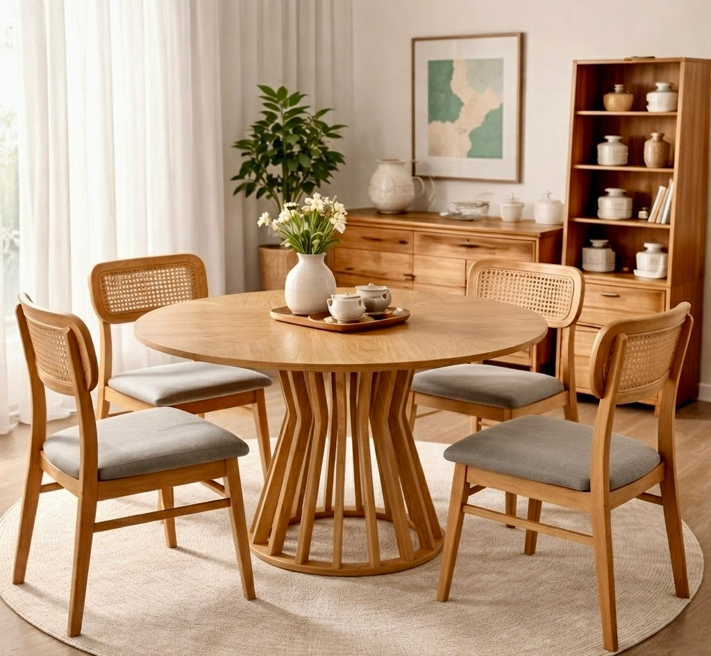 Dining room with wooden table and chairs, bookshelf, and decor items.