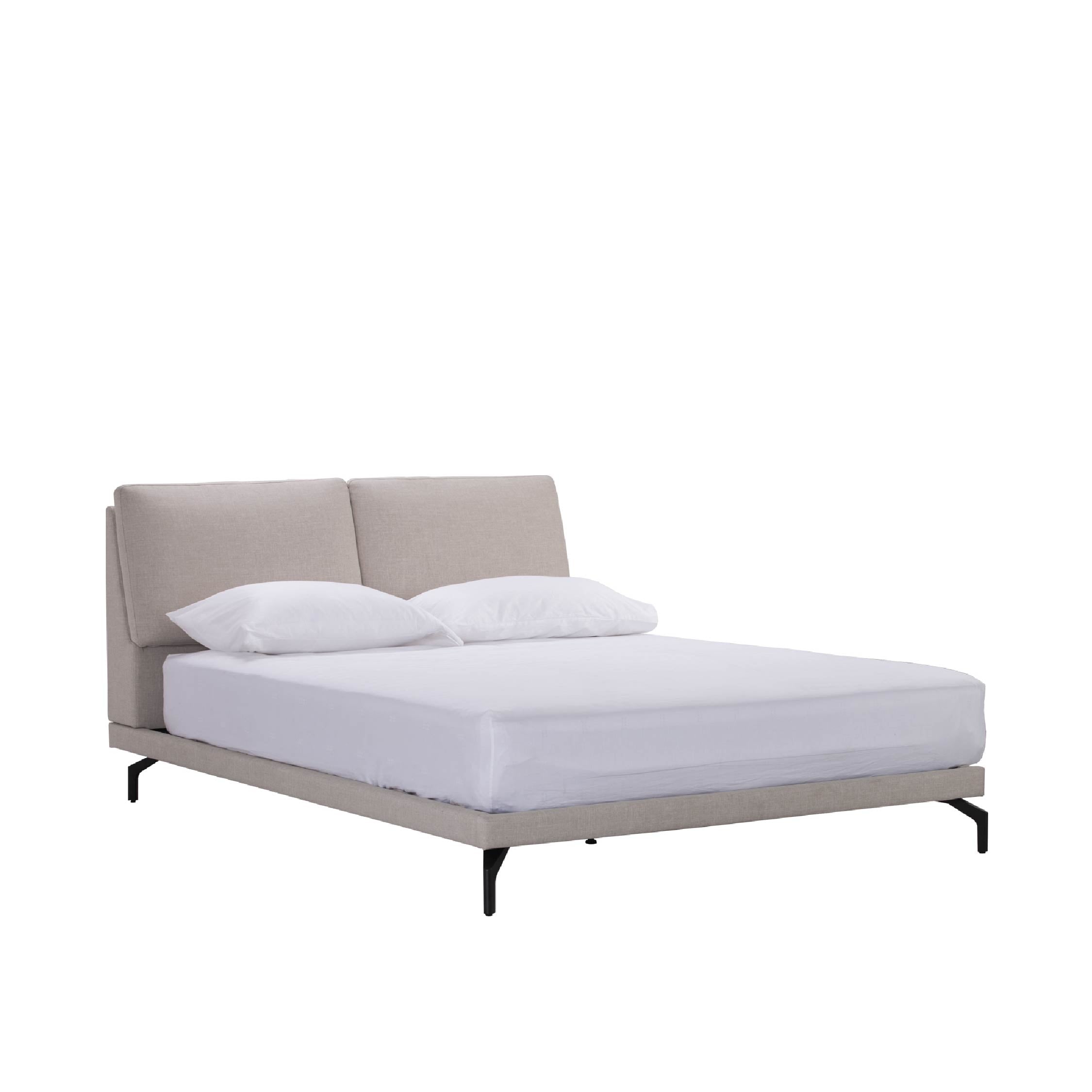 A modern platform bed frame with a cushioned headboard, made of plywood, MDF, and PU foam, and featuring powder-coated metal legs, dressed with a white mattress and two white pillows.