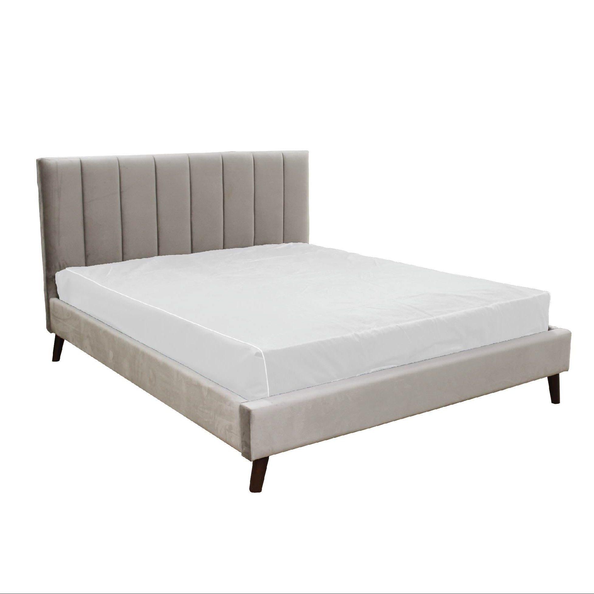 A queen-sized bed frame with a gray upholstered headboard and footboard, and wooden legs.