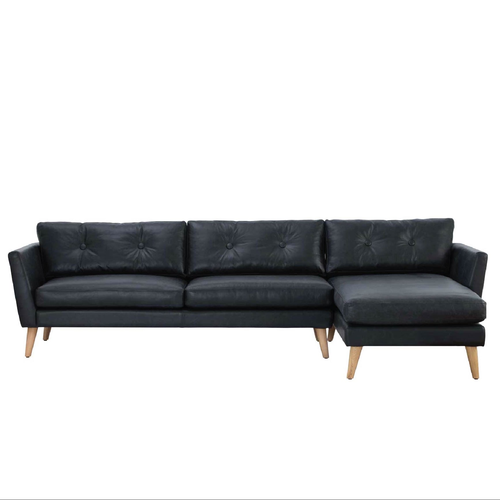 A black L-shaped 3-seater sofa with a solid wood and plywood frame and oak legs, featuring a star pattern on the upholstery.