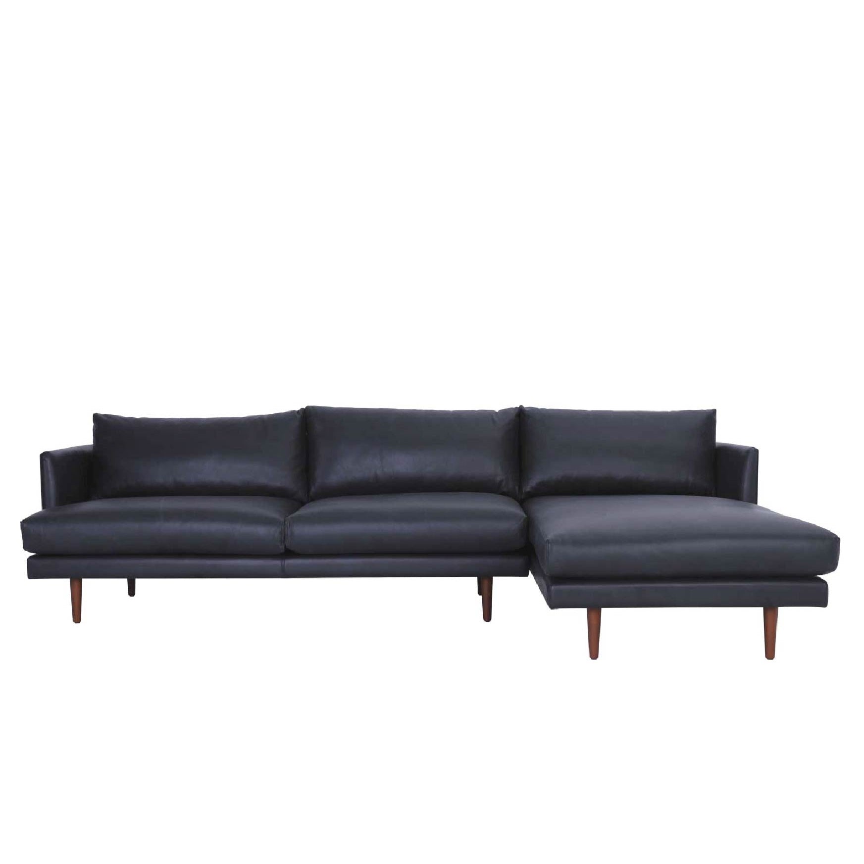 A black leather L-shaped 3-seater sofa with wooden legs.