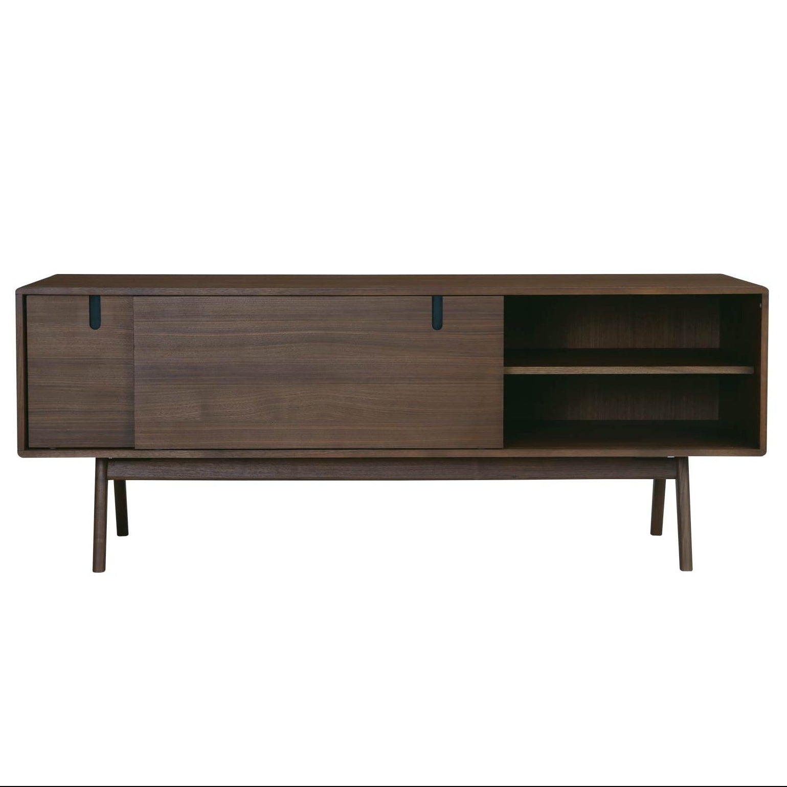 A brown TV cabinet with a sleek design, featuring a flat screen area, storage compartments, and slim legs.