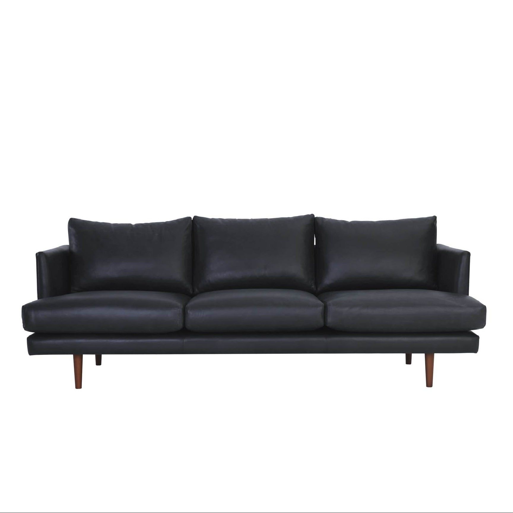 A black 3-seater leather sofa with a solid structure, visible wooden legs, and three cushioned seats.