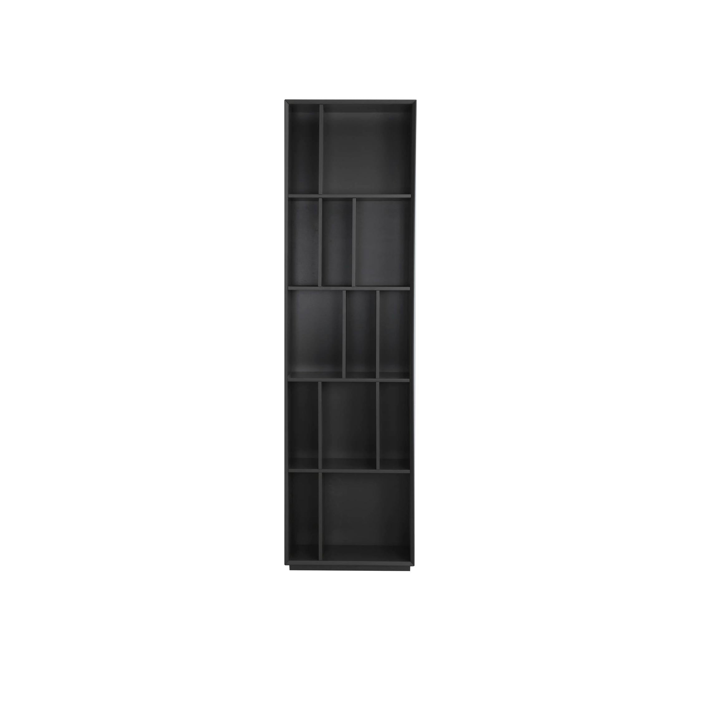 A black high bookcase with multiple shelves, designed for storage of books and display items.