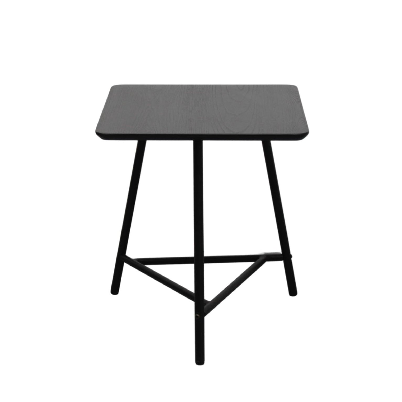 A minimalist black side table with a wood grain MFC top and metal legs, designed for placement next to sofa or lounge chair.