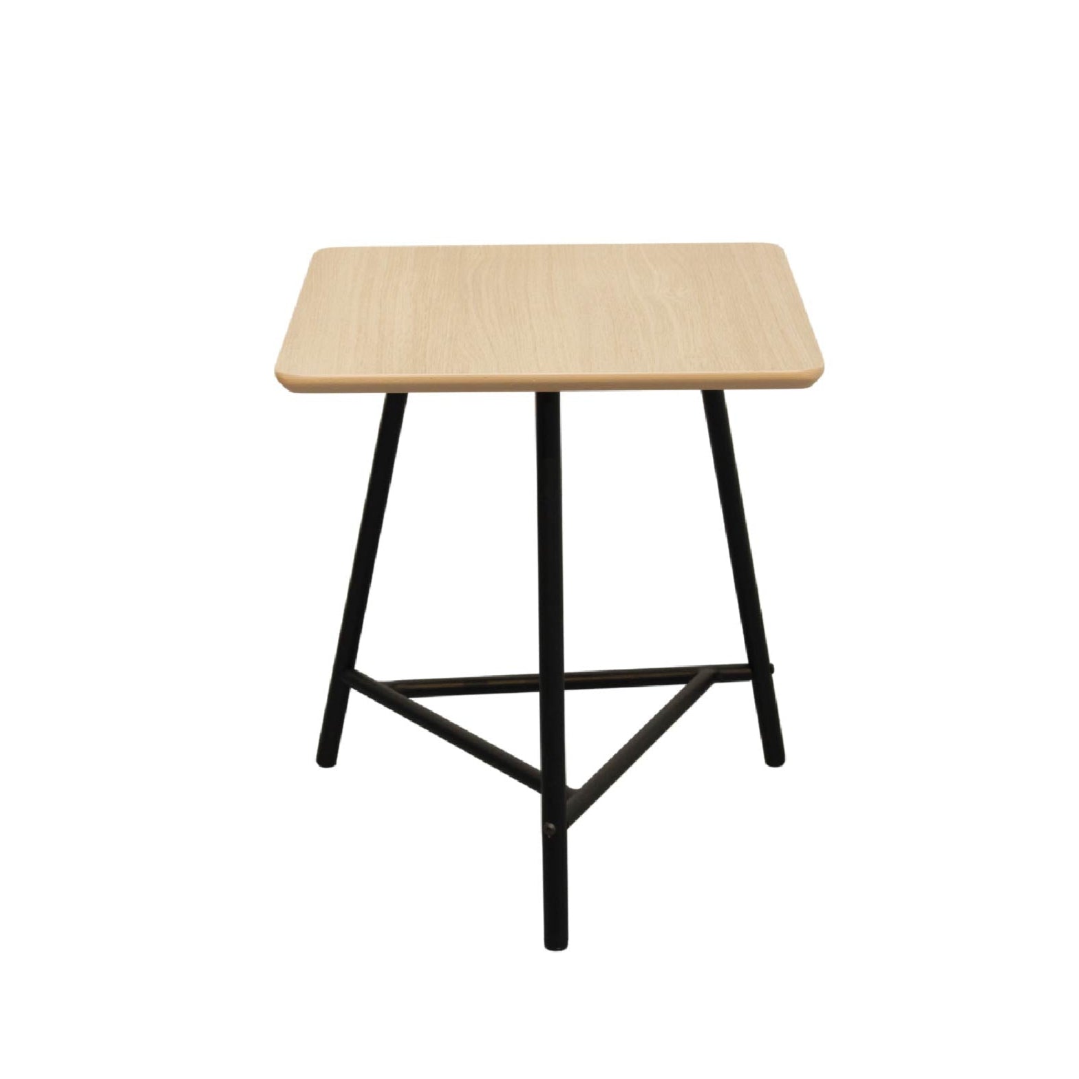 Small square table with a light wooden top and black metal legs on a white background