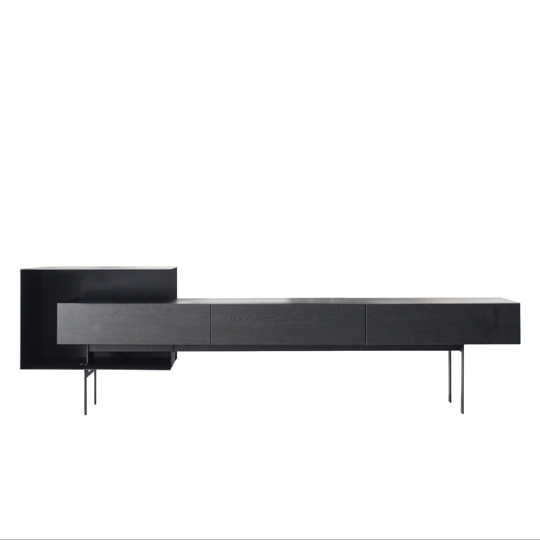 A modern black TV unit with a streamlined minimalistic design, featuring a long horizontal structure with a woodgrain finish and matte black metal frame.