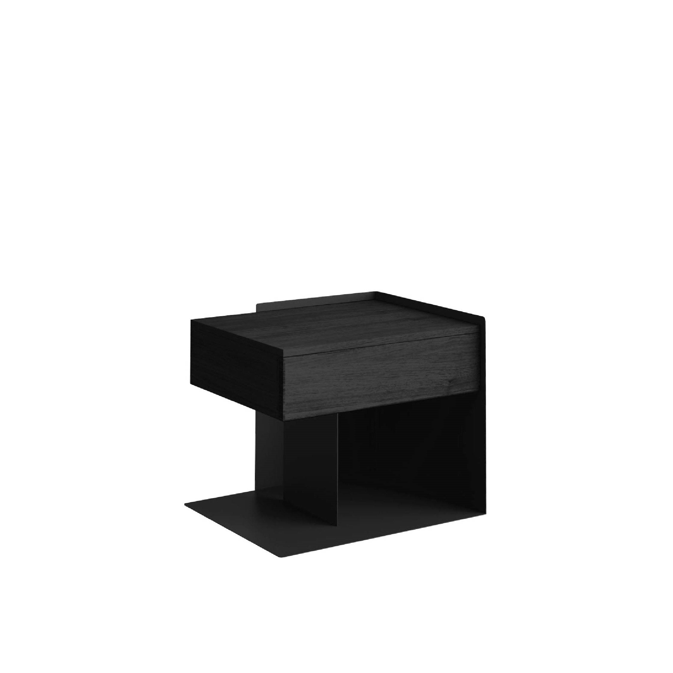 A minimalistic black side table with a matte finish, featuring a geometric design and a single drawer.