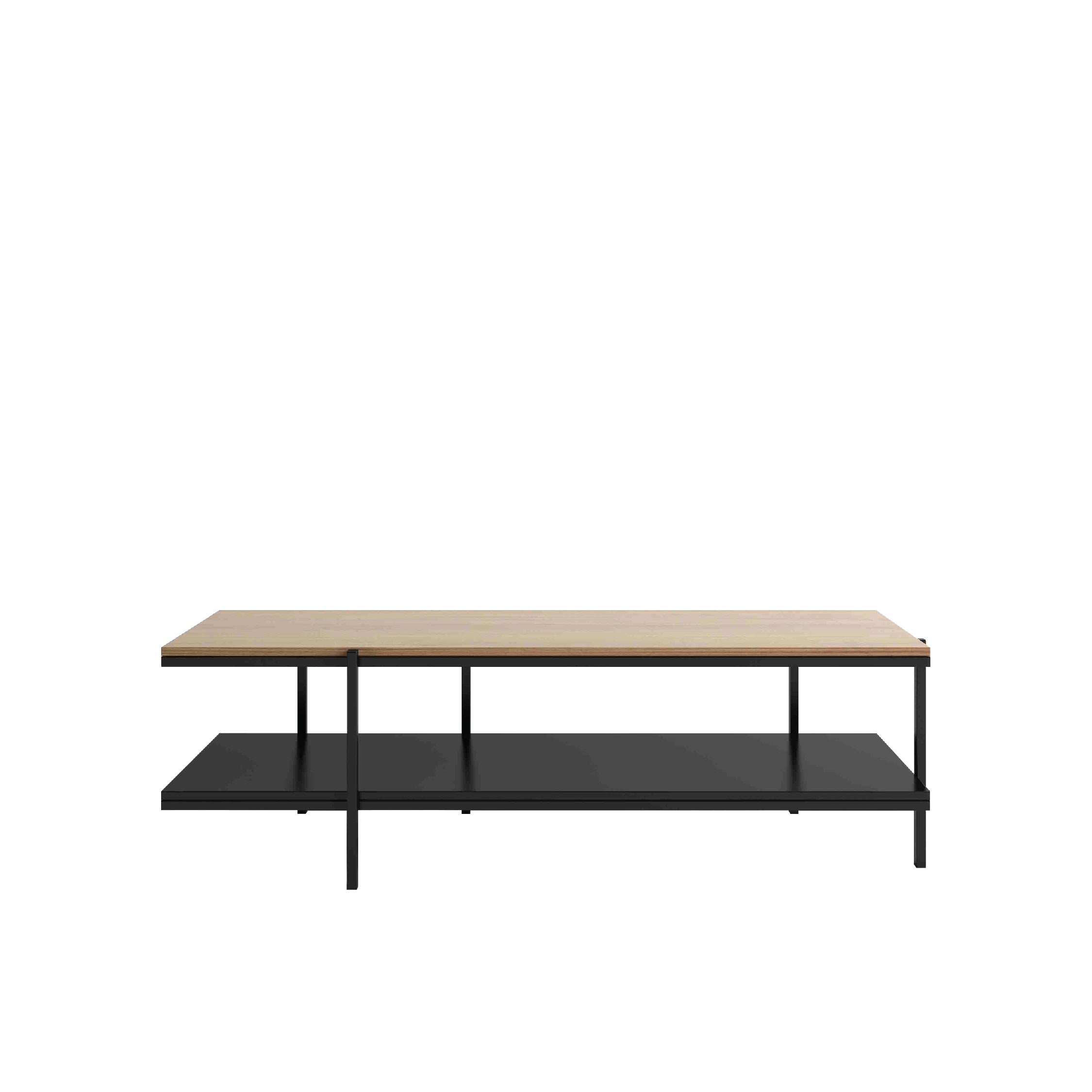 A two-tier low shelving unit with a natural oak top shelf and black ash bottom shelf, supported by a metal frame with black legs.