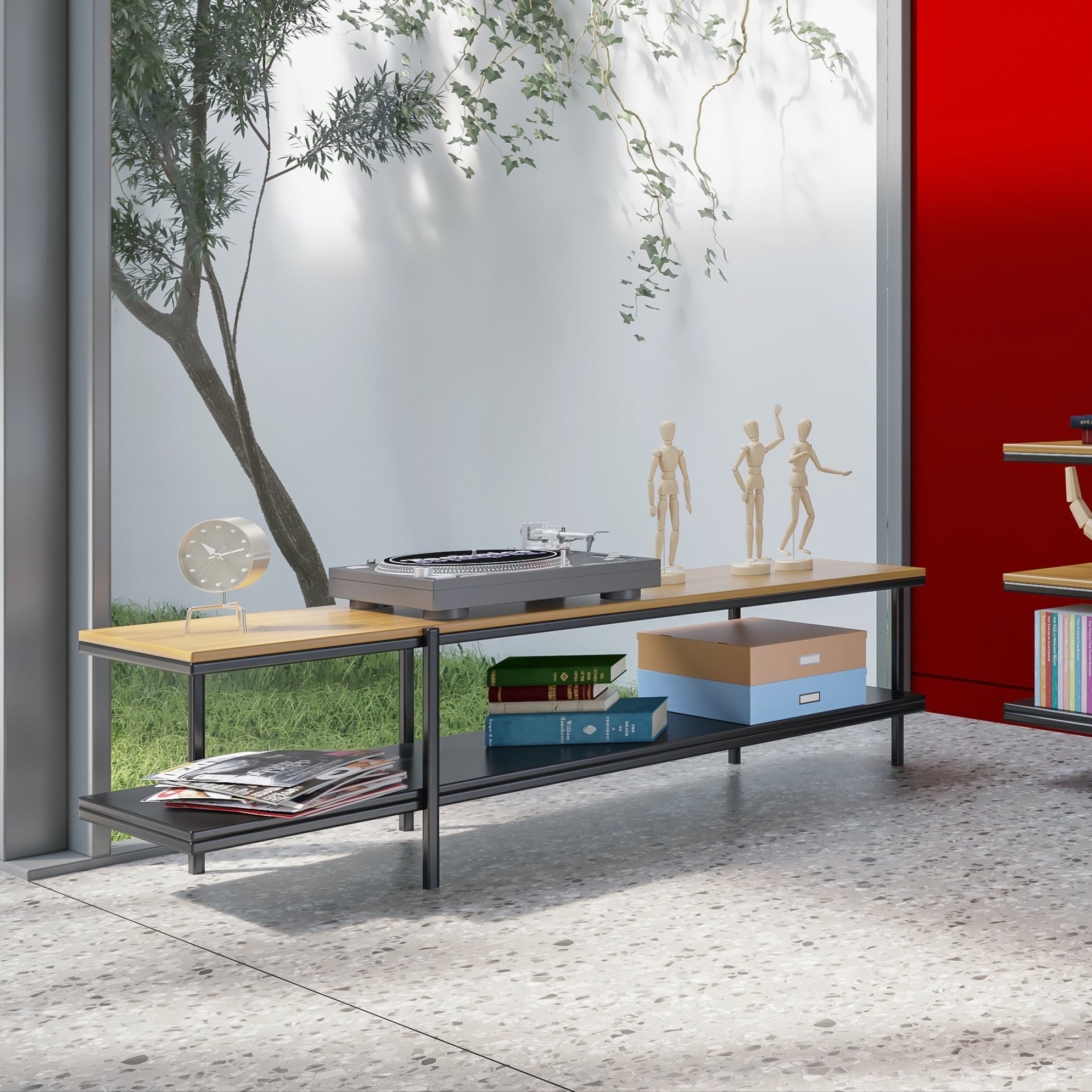 two tier low shelving made of melamine panel and black metal leg frame