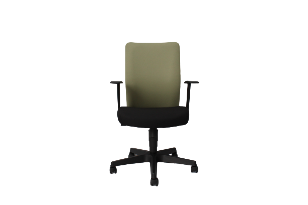 A green office chair with a hard backrest and black seat, featuring a metal frame and dual wheel castors.