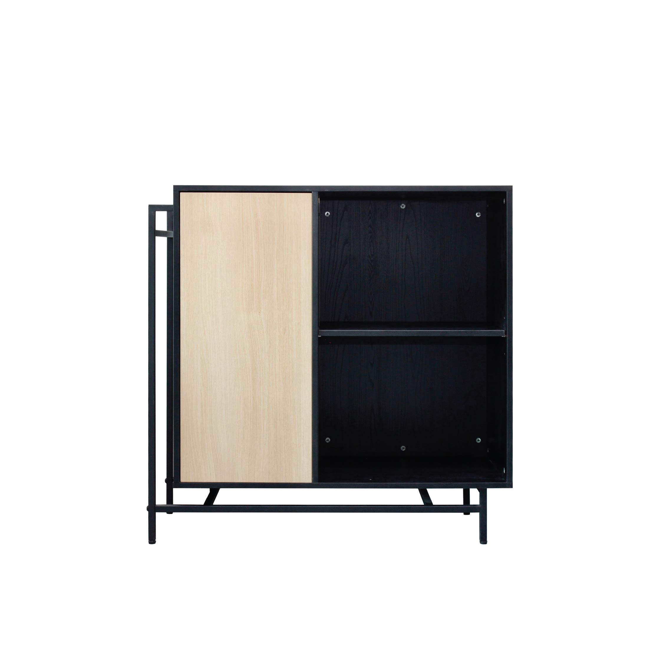 A modern cabinet with a natural oak door and black wood grain body, featuring a push open door mechanism and multiple compartments.
