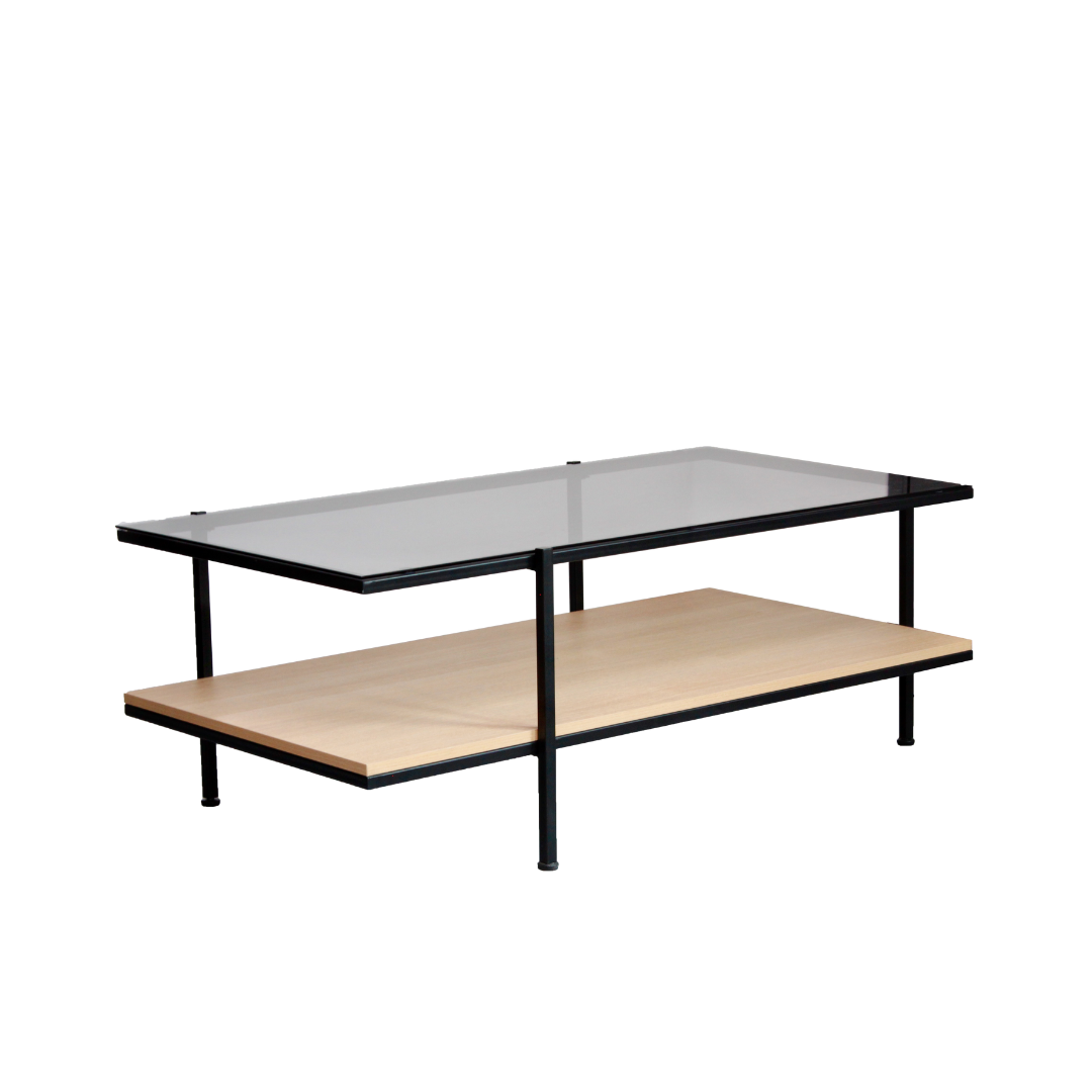 Rectangular coffee table with glass top and metal leg with wooden shelf