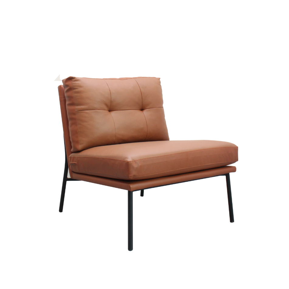 Brown leather armchair with black metal legs on a white background
