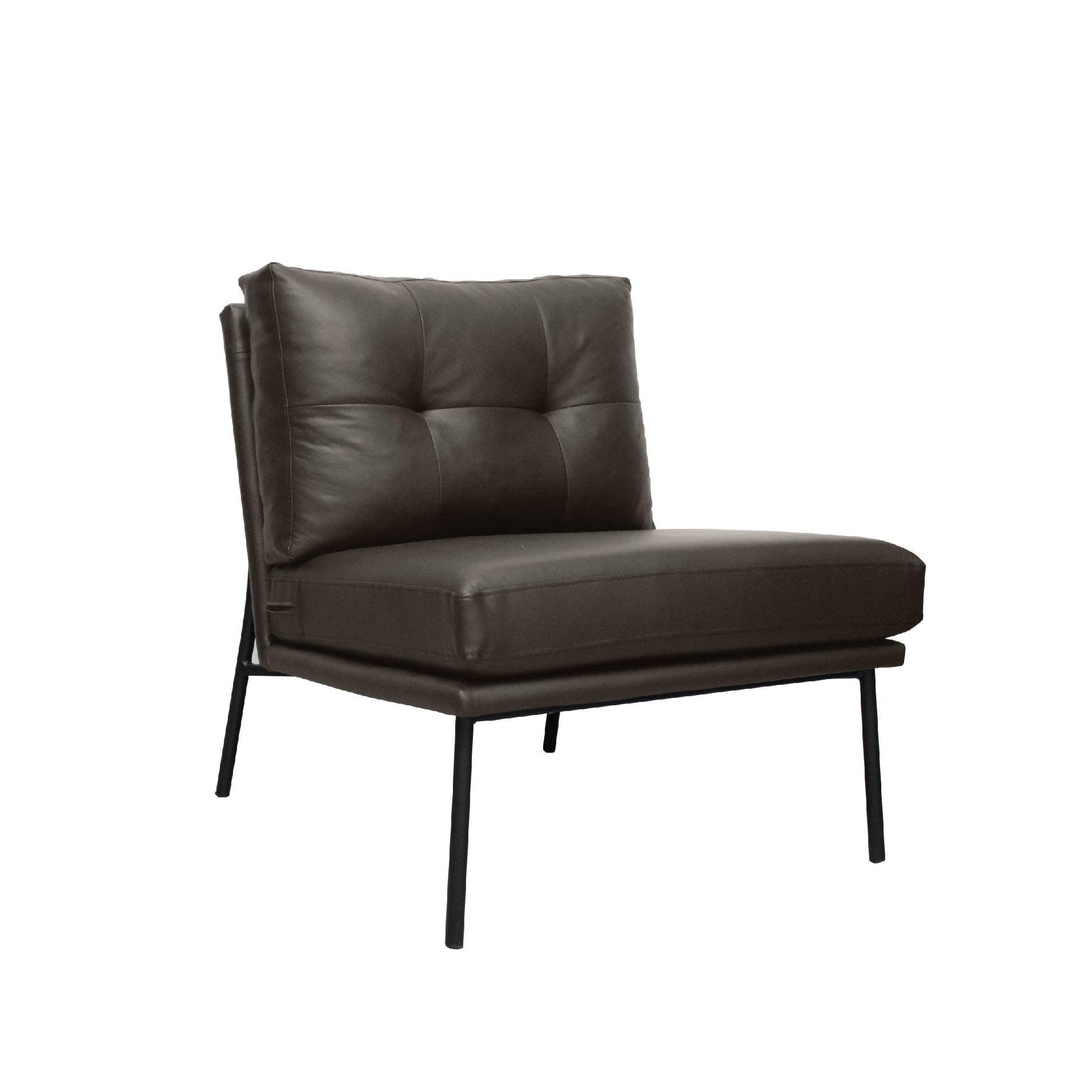 A brown, upholstered lounge chair with a minimalist design, featuring a black metal frame and a cushioned seat and backrest.