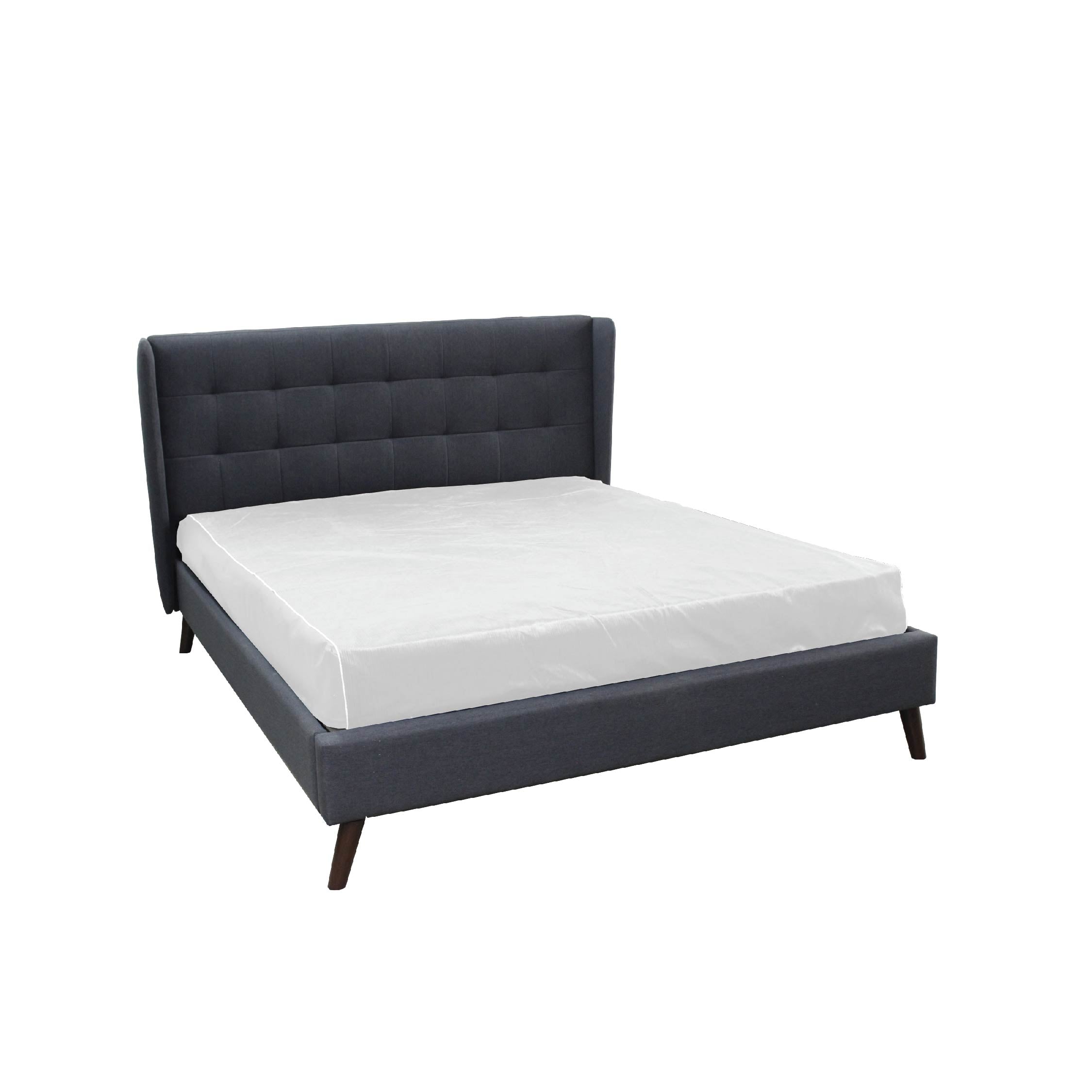 A gray upholstered queen-sized wing bed frame with a tufted headboard, featuring a solid wood leg.