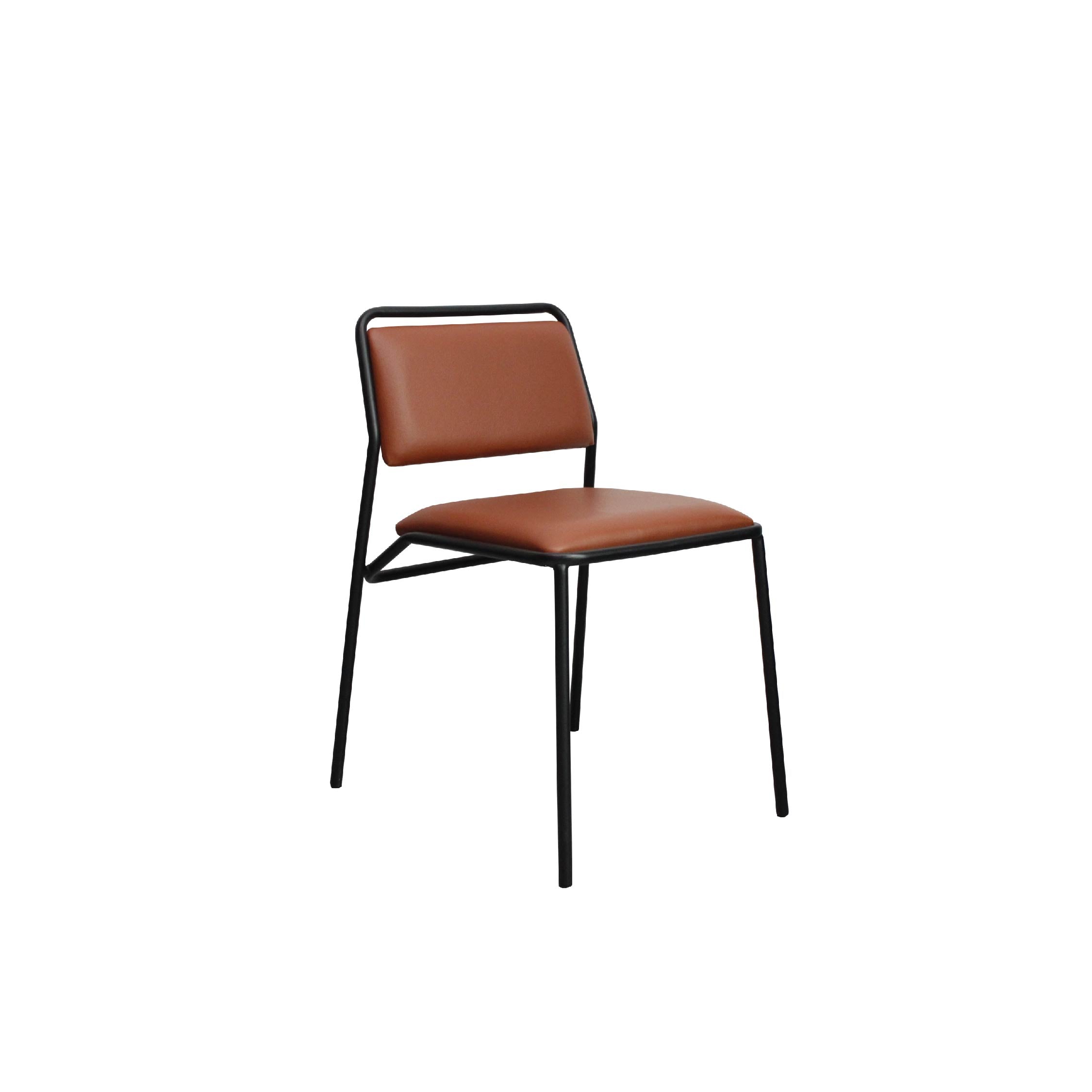 A brown leather chair with a black steel frame and a hard backrest, isolated on a white background.