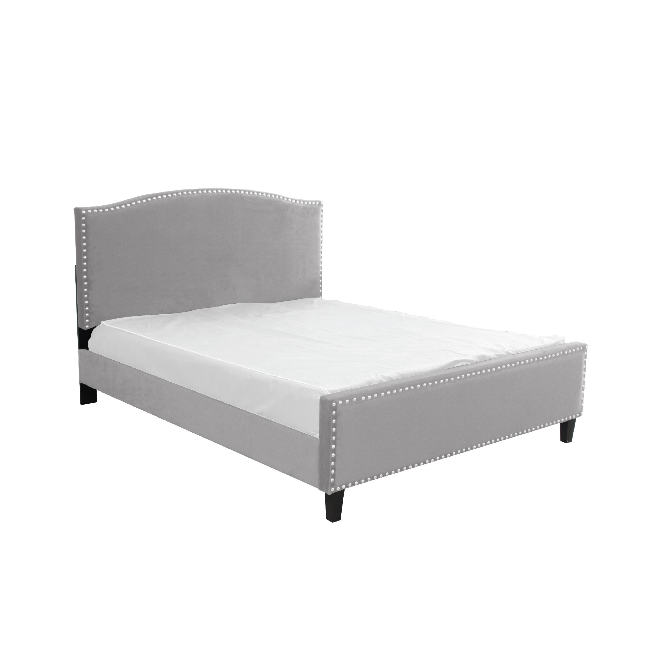Queen bed with head and foot board and brass nails