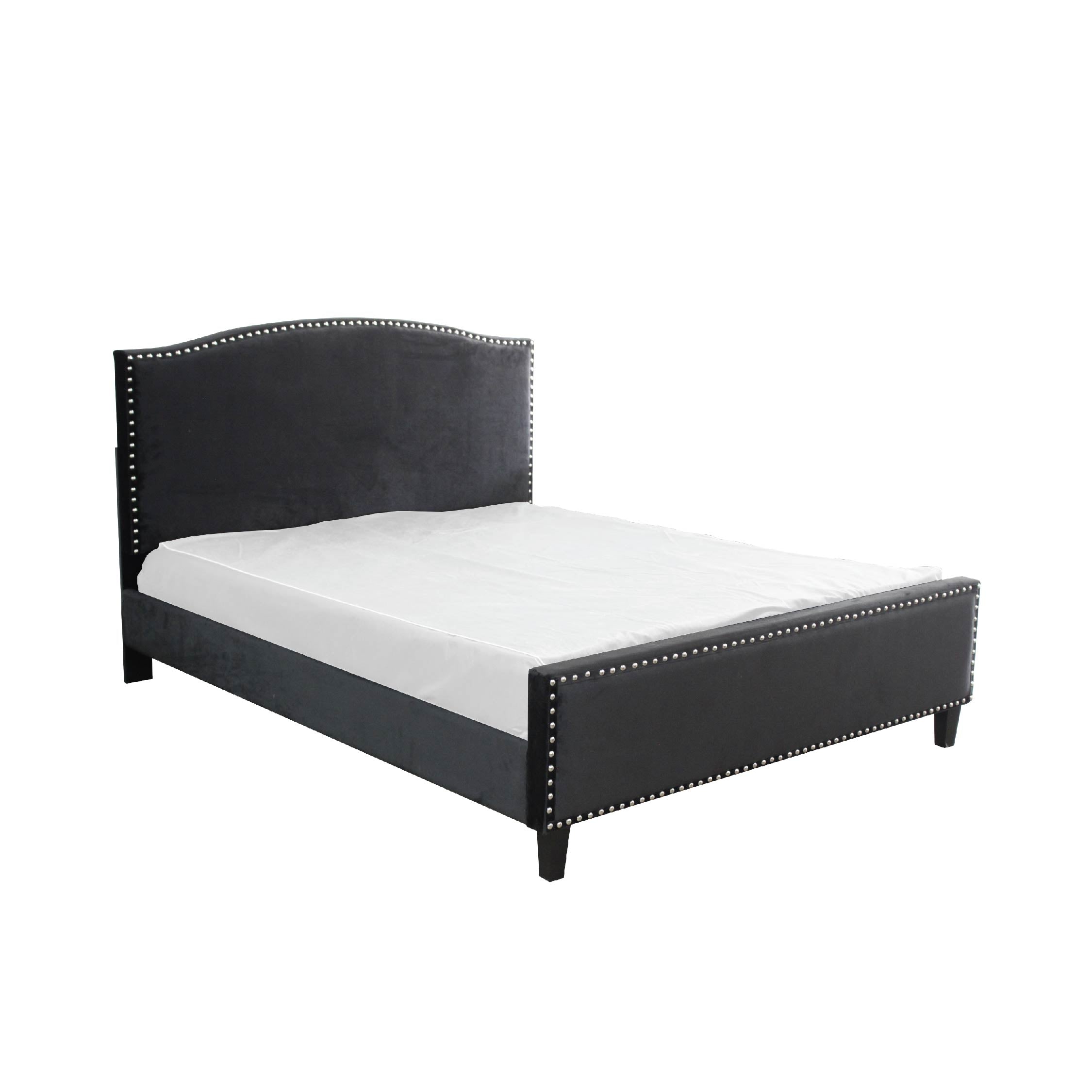 A black upholstered bed frame with studded detailing, designed to fit a queen size mattress.